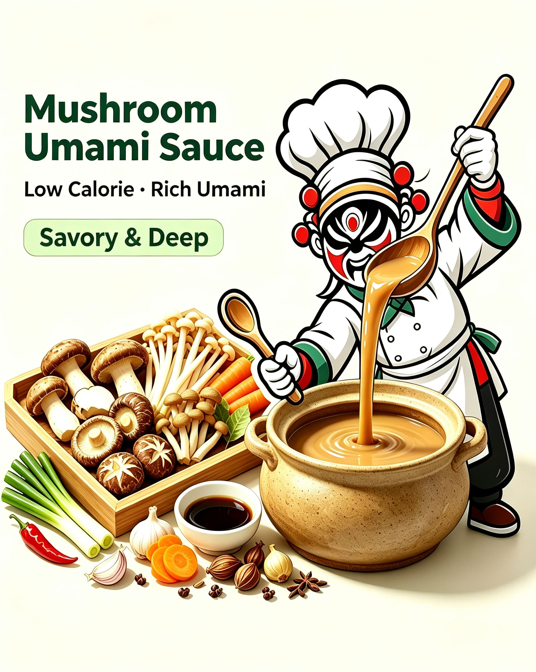 Umami Mushroom Sauce paired with fresh fruit salad bowl featuring yogurt, berries and nuts