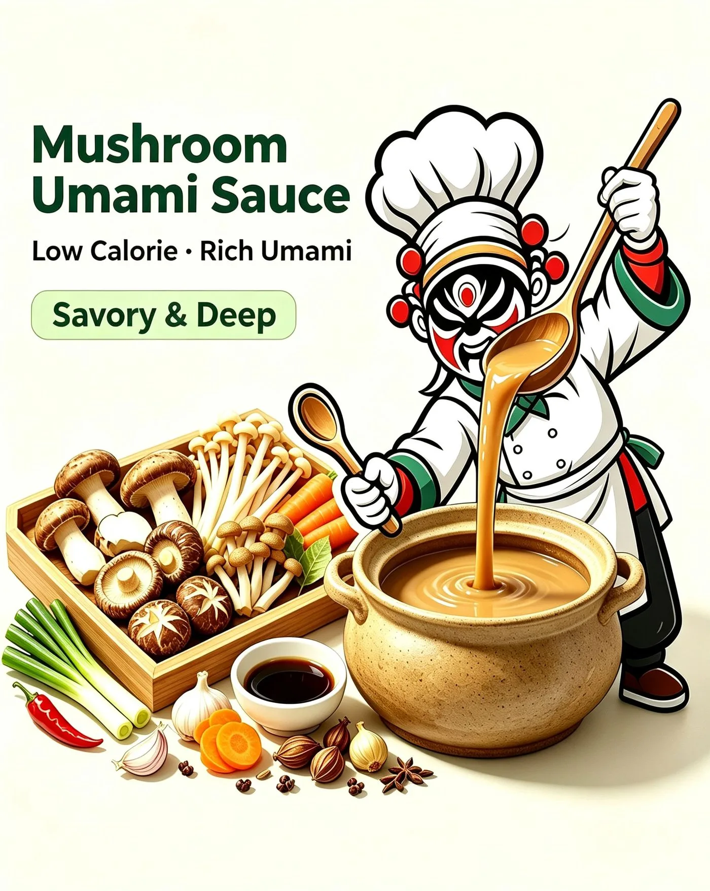 Umami Mushroom Sauce paired with fresh fruit salad bowl featuring yogurt, berries and nuts