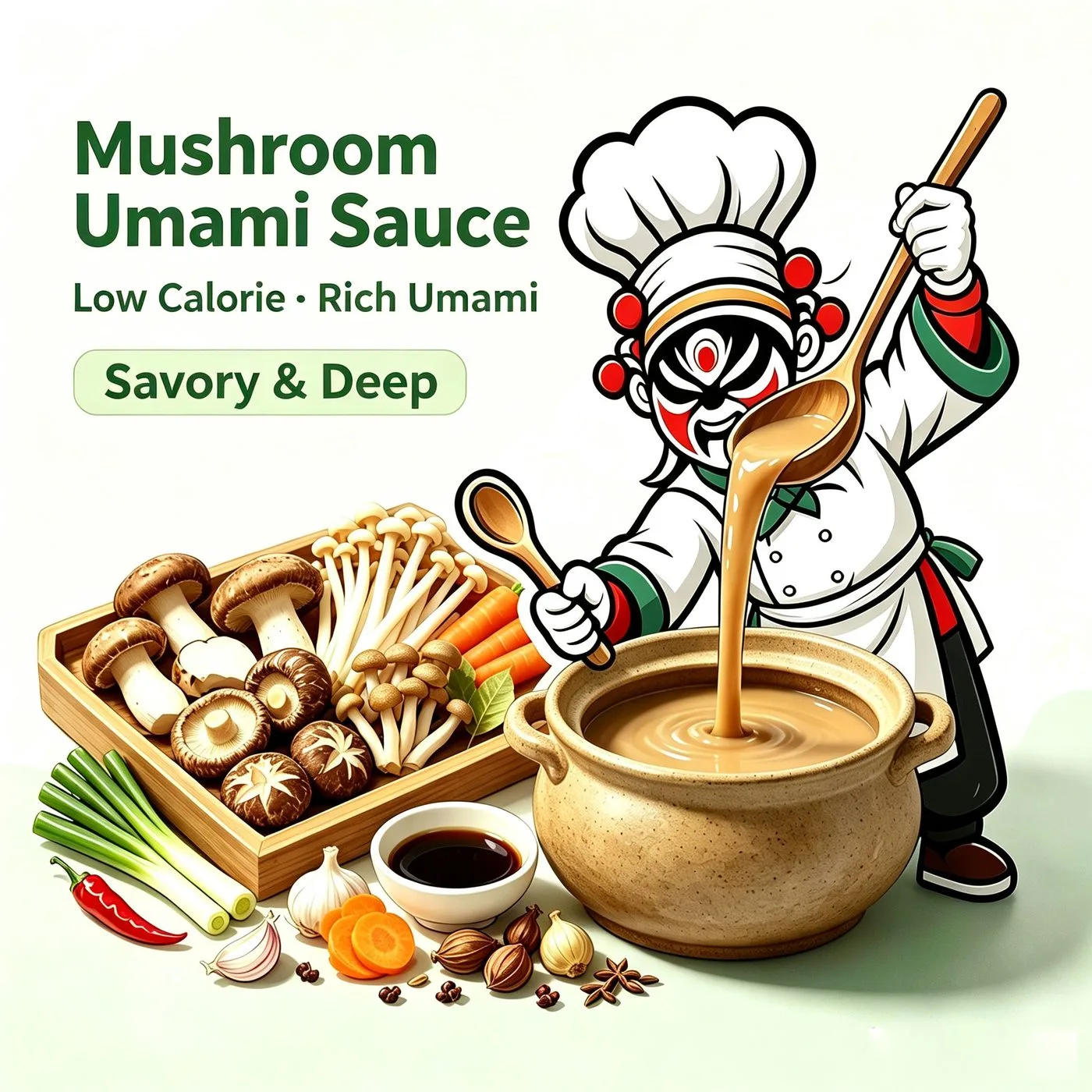 Umami Mushroom Sauce — creamy golden broth with fresh shiitake, enoki and oyster mushrooms in artisan clay pot
