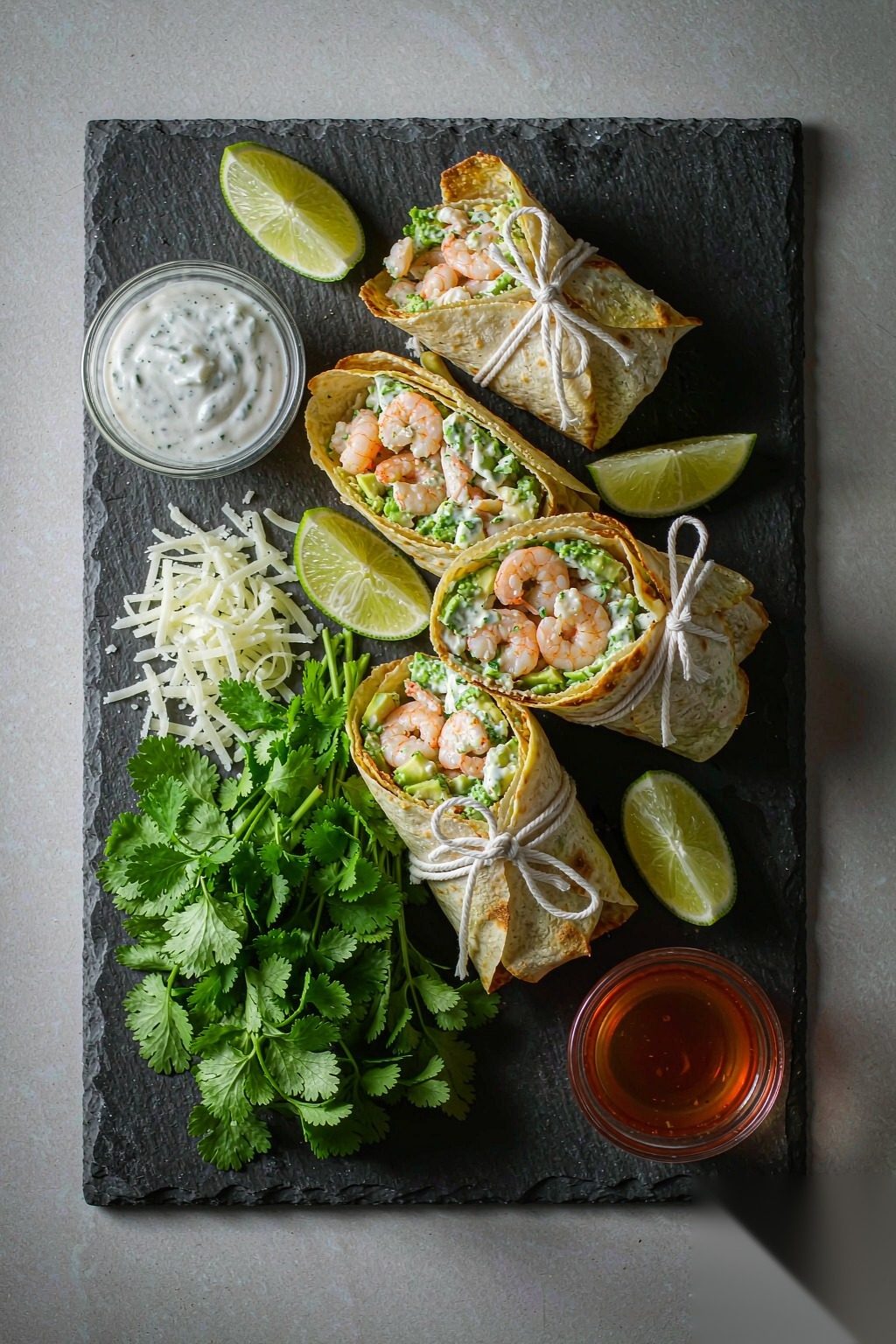 Top-down view of Shrimp Avocado Wraps on slate board with cilantro and lime