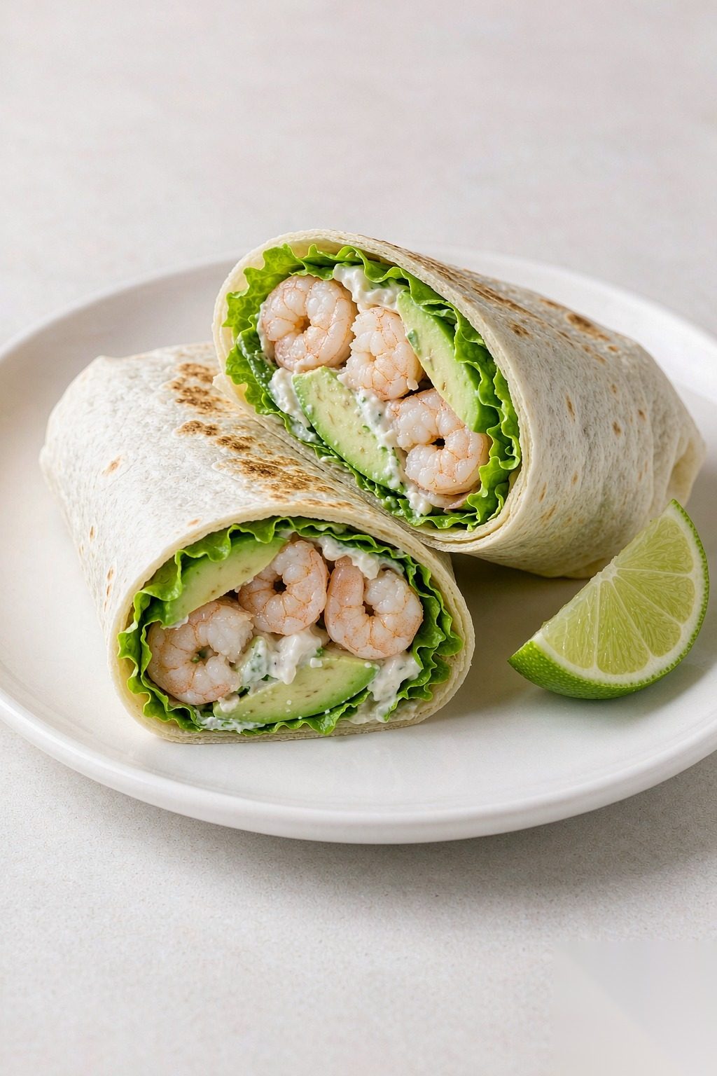 Kung Fu Shrimp Avocado Wrap — lean protein low-carb wrap with plump shrimp, creamy avocado, crisp lettuce and lime