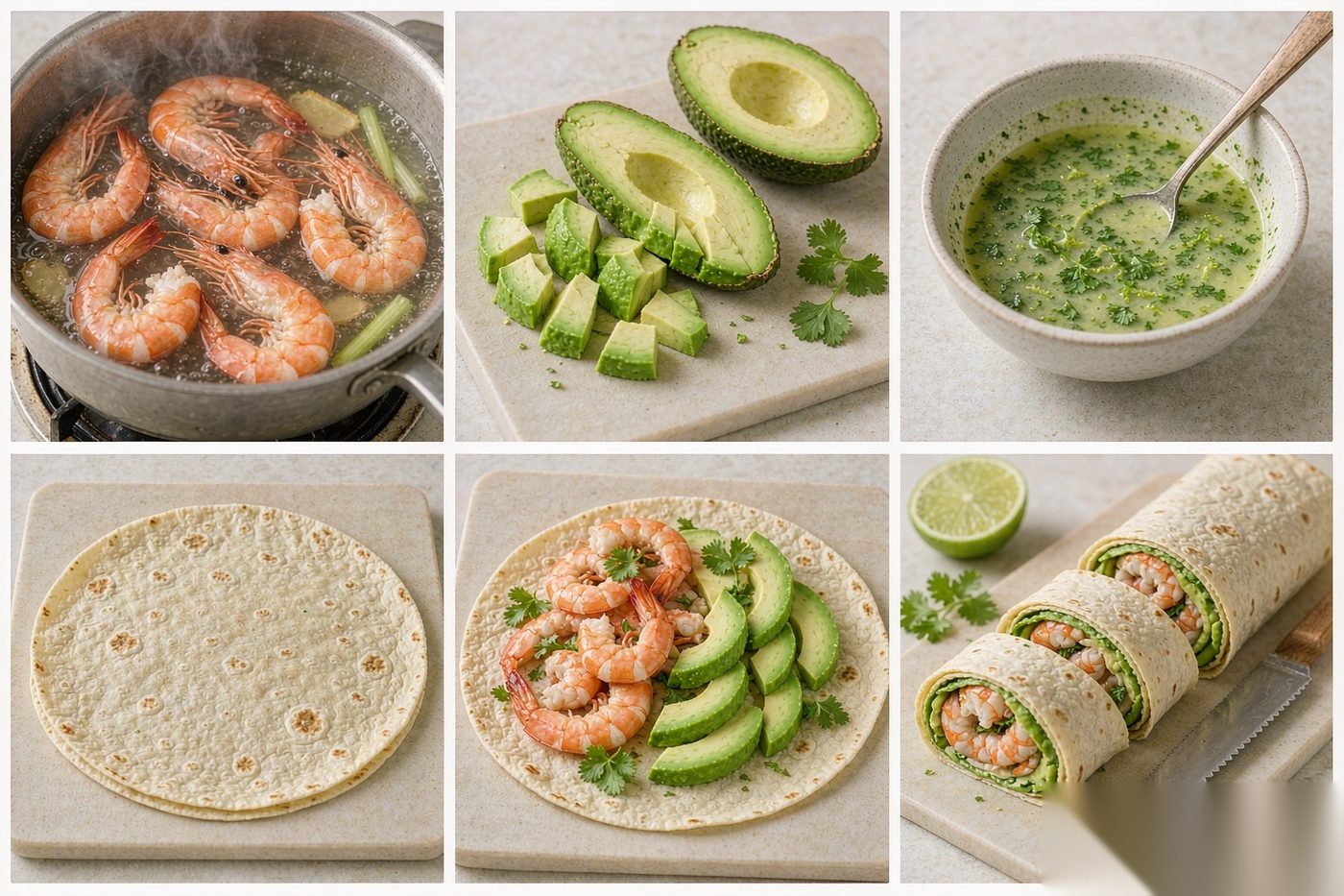 How Shrimp Avocado Wrap is made — six step process from cooking shrimp to rolling