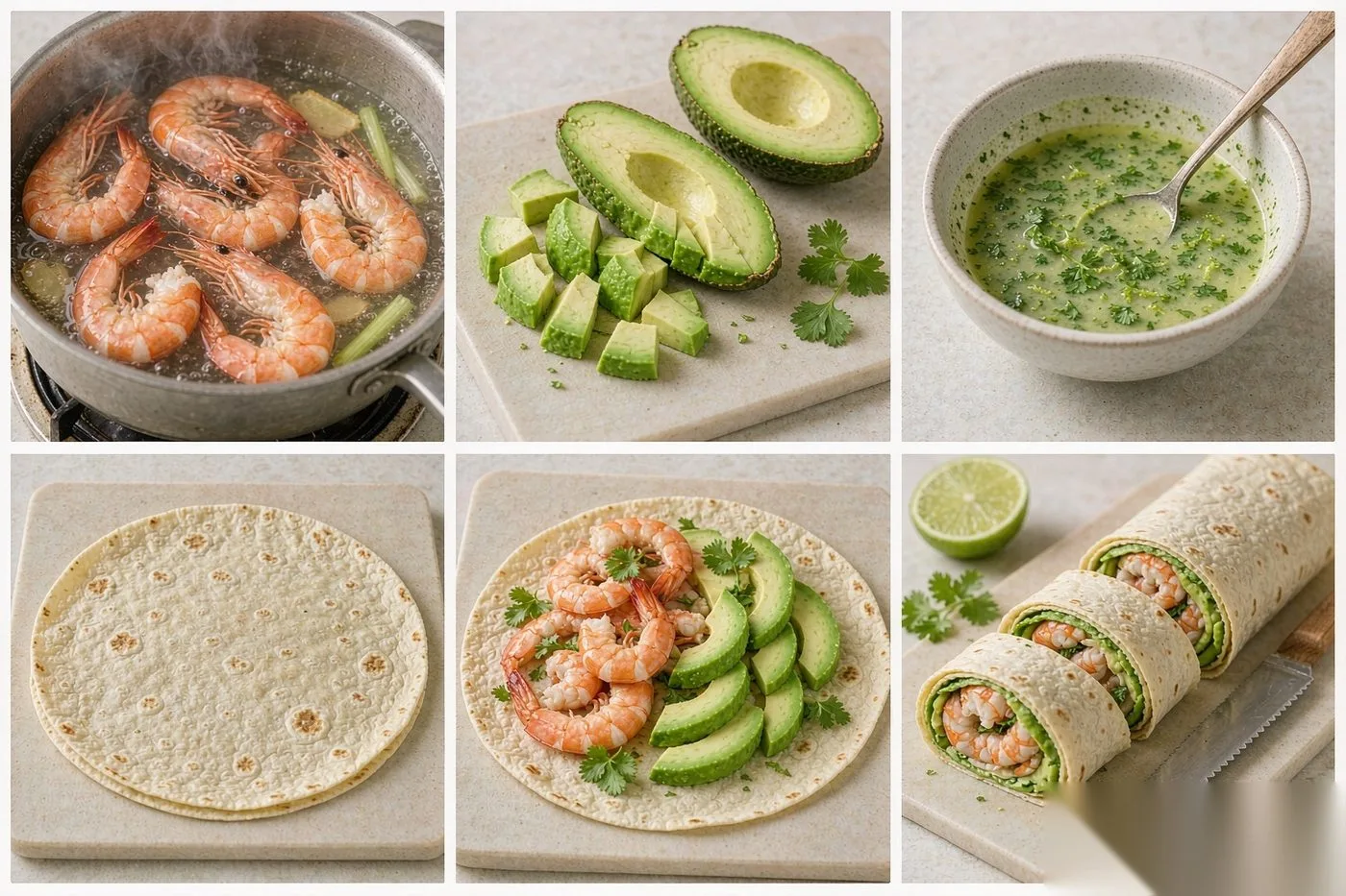 How Shrimp Avocado Wrap is made — six step process from cooking shrimp to rolling