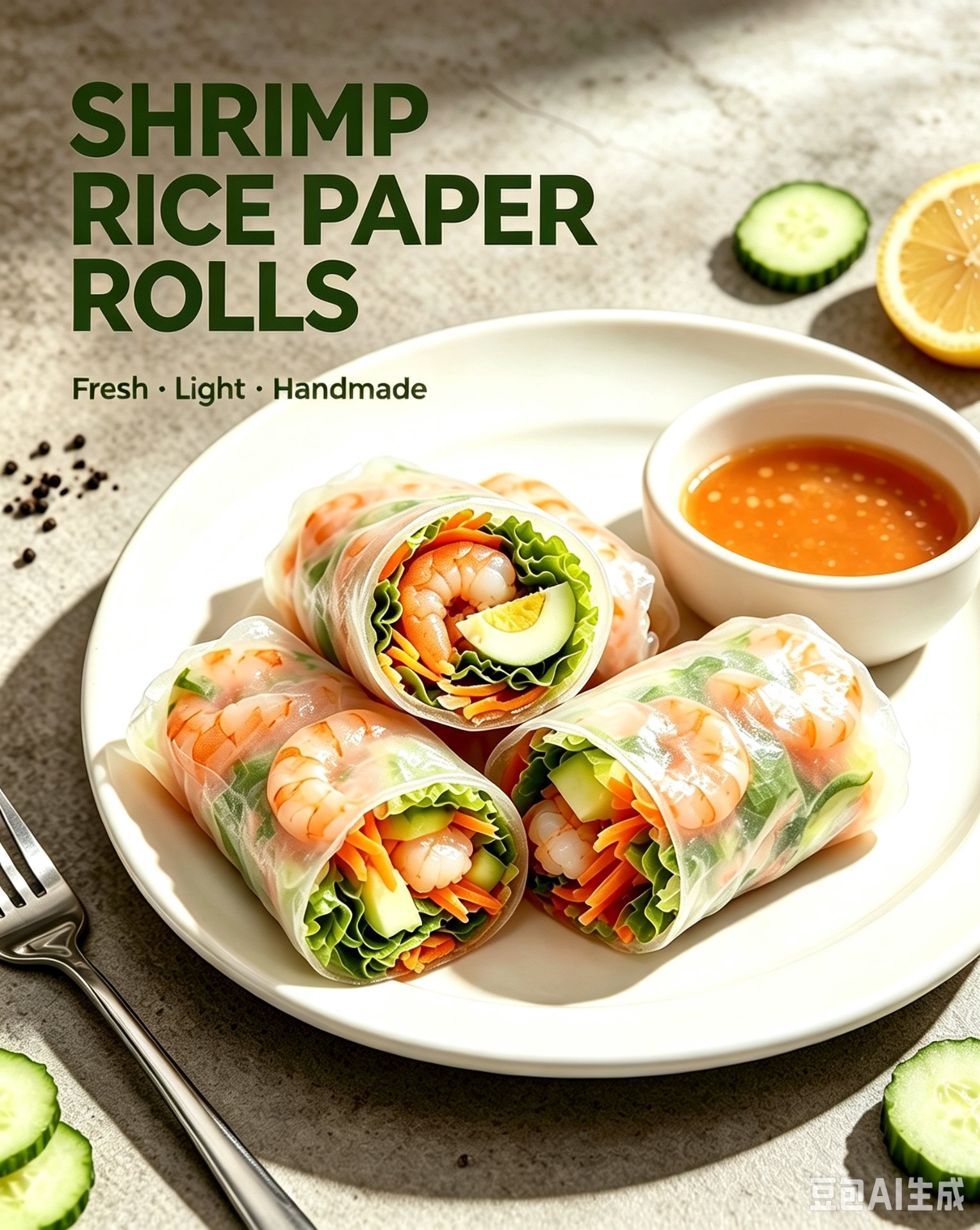 Full ingredients spread — rice paper, shrimp, lettuce, cucumber, carrot, egg, vermicelli ready to roll