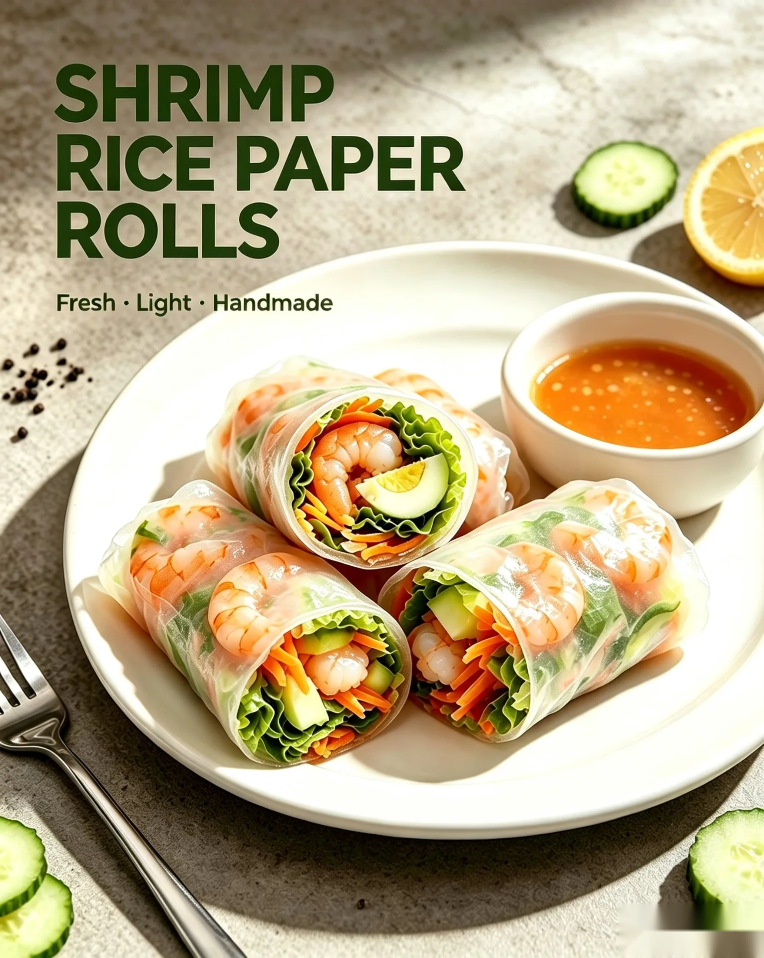 Full ingredients spread — rice paper, shrimp, lettuce, cucumber, carrot, egg, vermicelli ready to roll