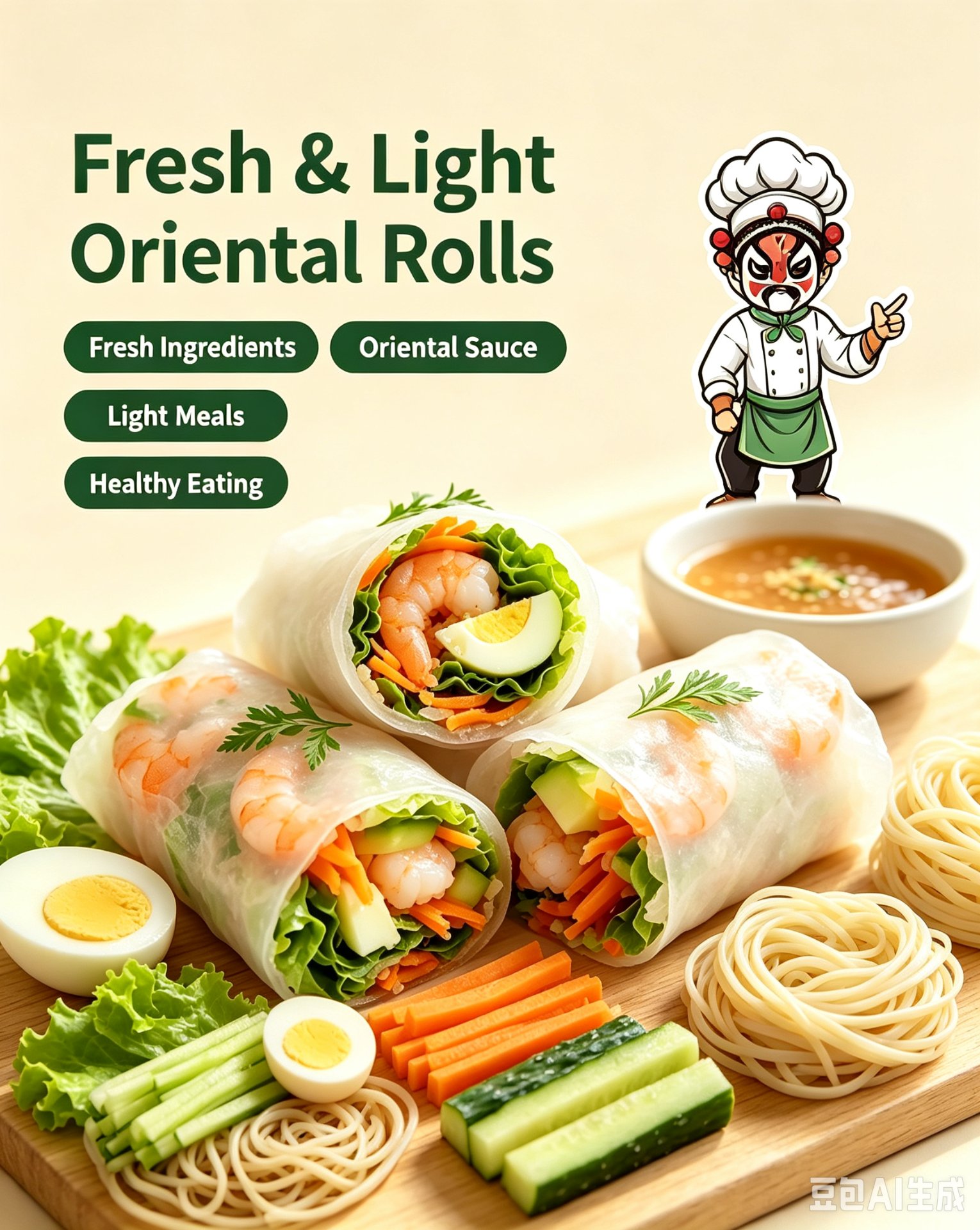 Lifestyle shot — shrimp rice paper rolls on plate with fork, cucumber slices and lemon