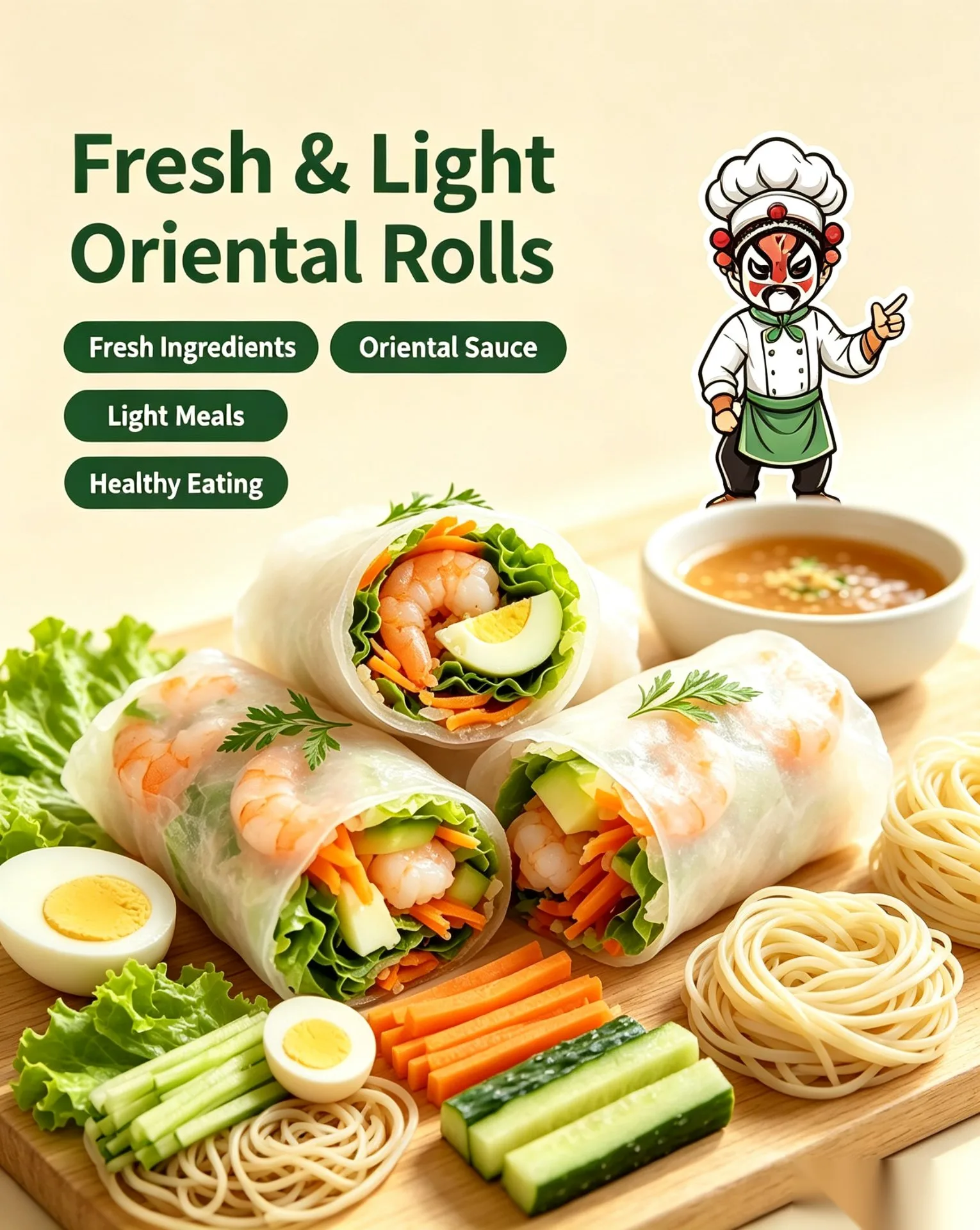 Lifestyle shot — shrimp rice paper rolls on plate with fork, cucumber slices and lemon