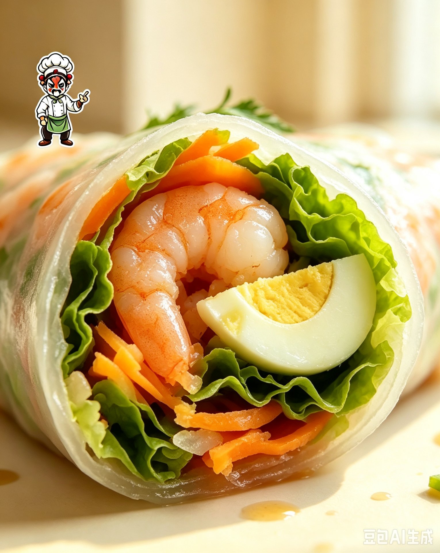 Cross-section close-up — juicy shrimp, crisp lettuce, carrot, cucumber and egg visible through rice paper