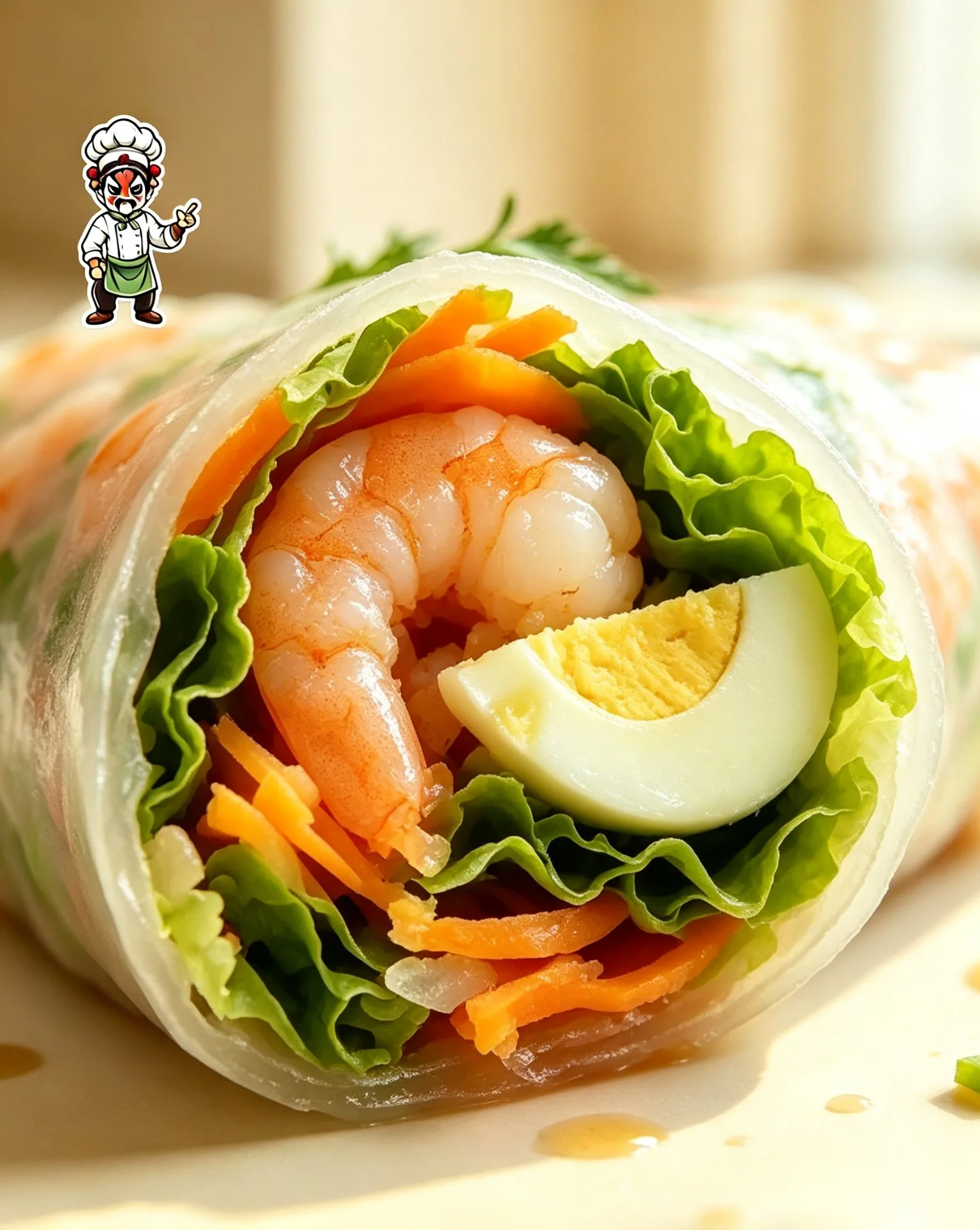 Cross-section close-up — juicy shrimp, crisp lettuce, carrot, cucumber and egg visible through rice paper