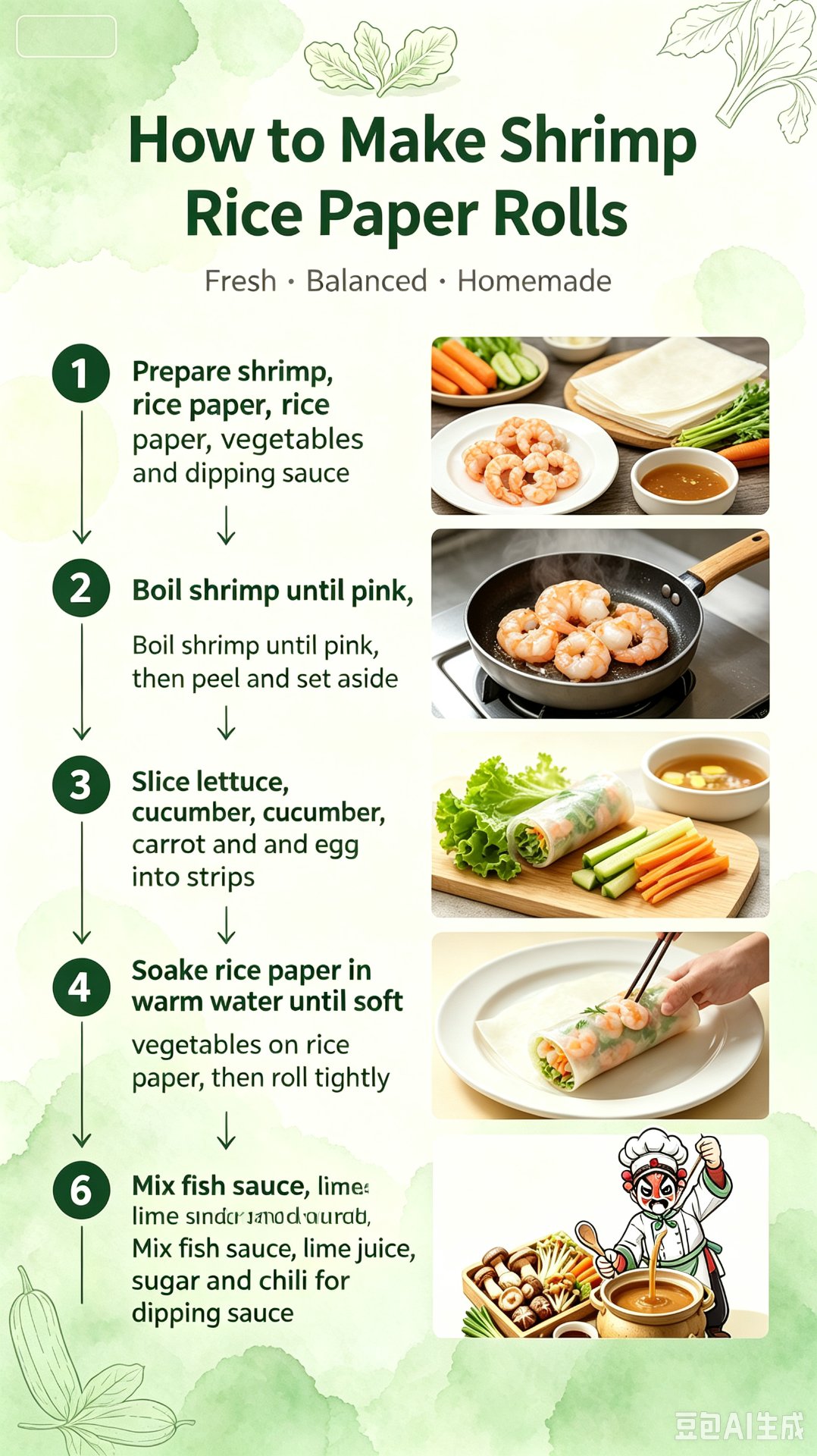 Step-by-step making process — Prepare Ingredients, Boil Shrimp, Slice Vegetables, Soak Rice Paper, Roll Tightly, Mix Dipping Sauce
