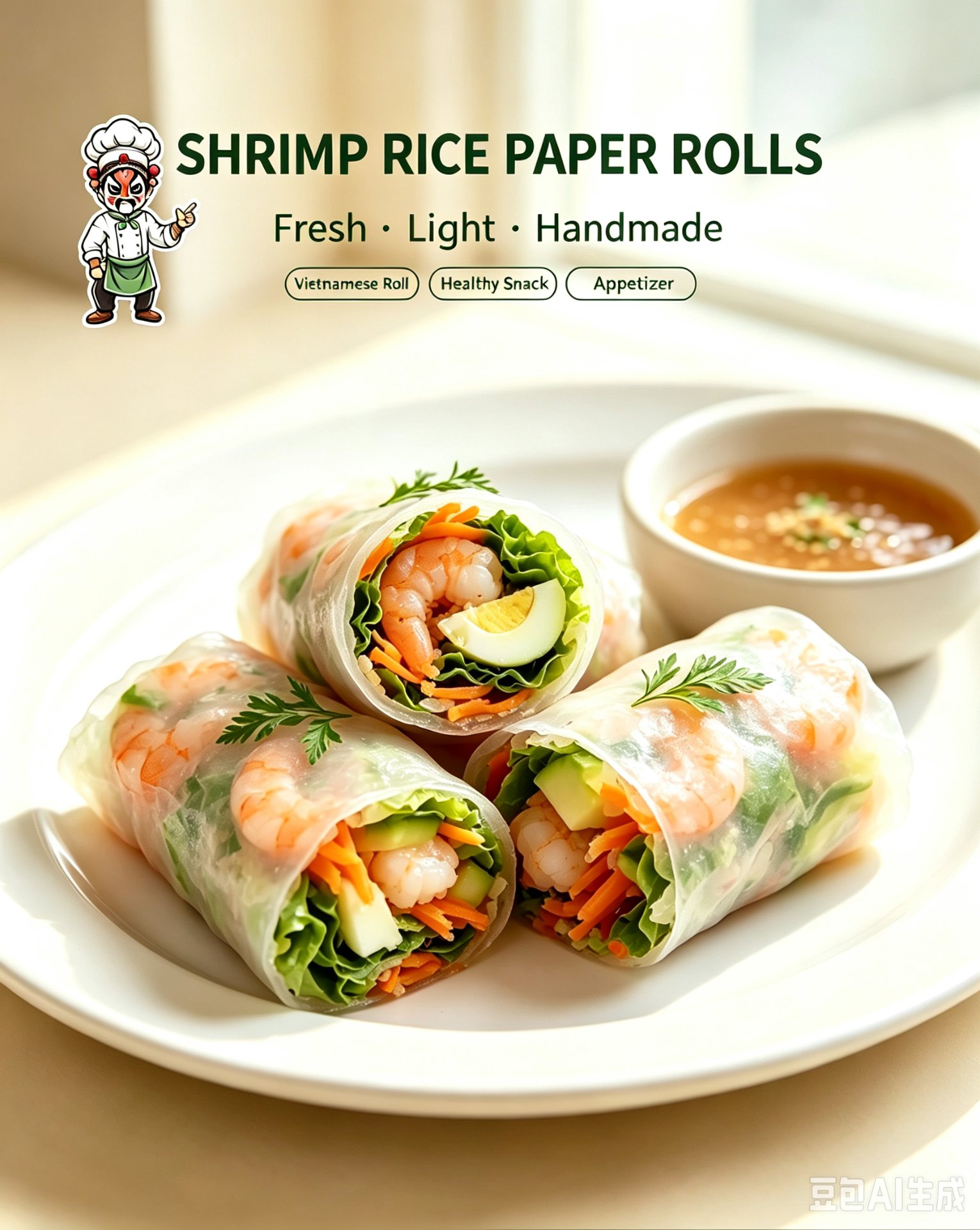 Shrimp Rice Paper Rolls — title shot with feature tags: Fresh · Light · Handmade