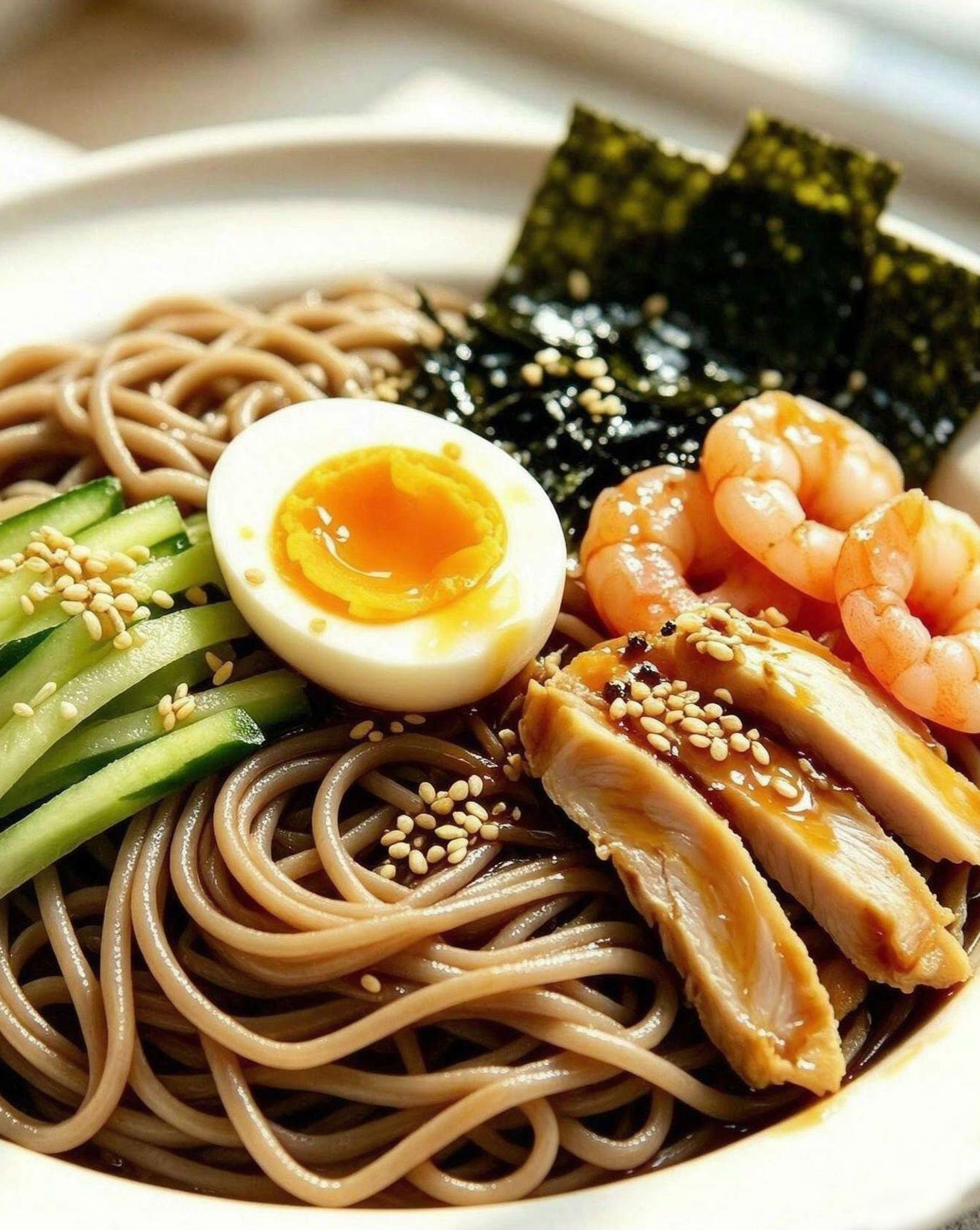 Soba close-up — sauce-drizzled noodles with egg, shrimp and chicken