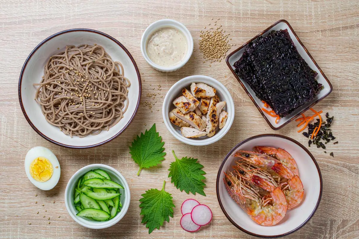 Fresh ingredients layout — soba, eggs, shrimp, cucumber, nori, chicken