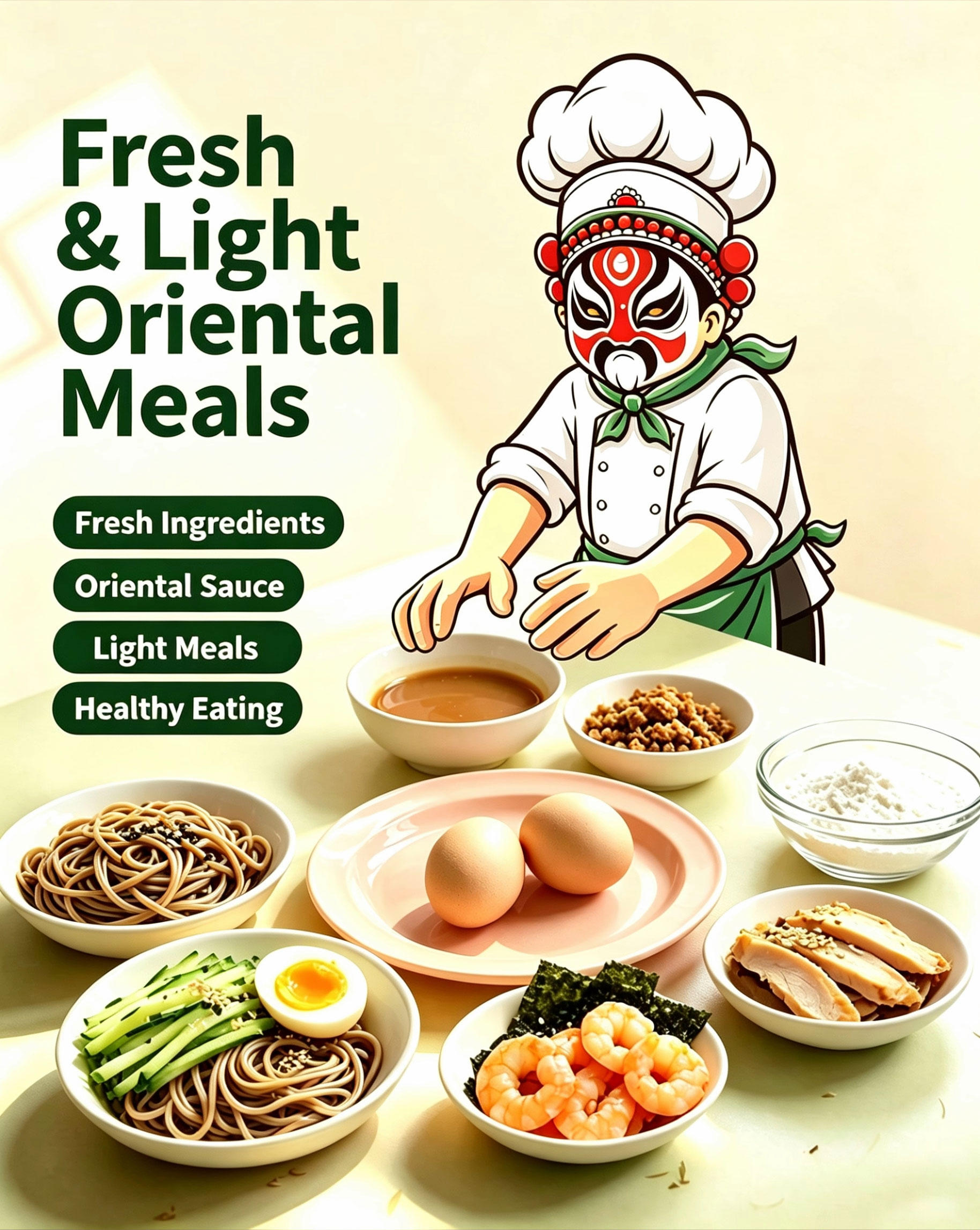 Fresh ingredients layout — soba, eggs, shrimp, cucumber, nori, chicken