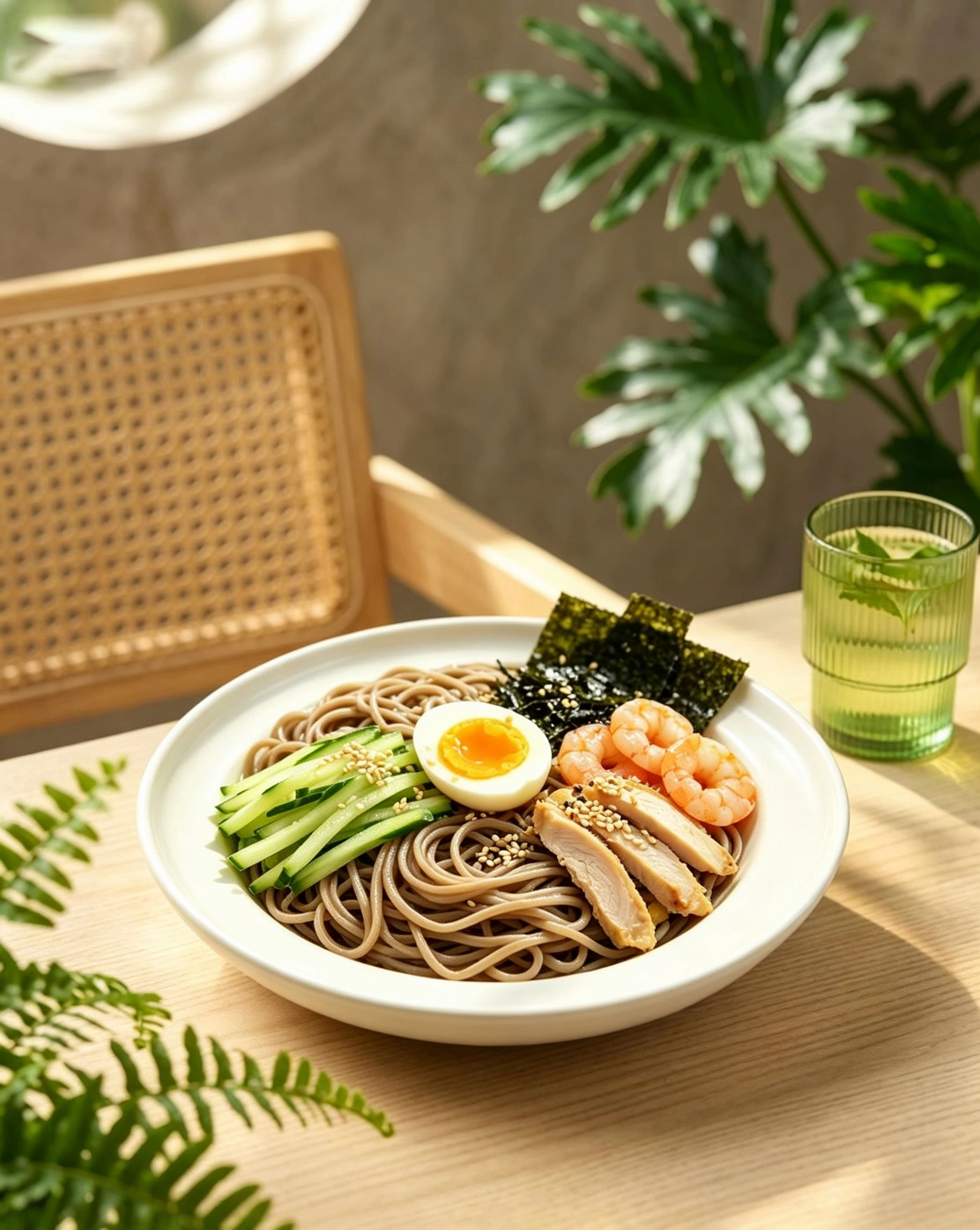 Lifestyle shot — soba bowl on wooden table with greenery