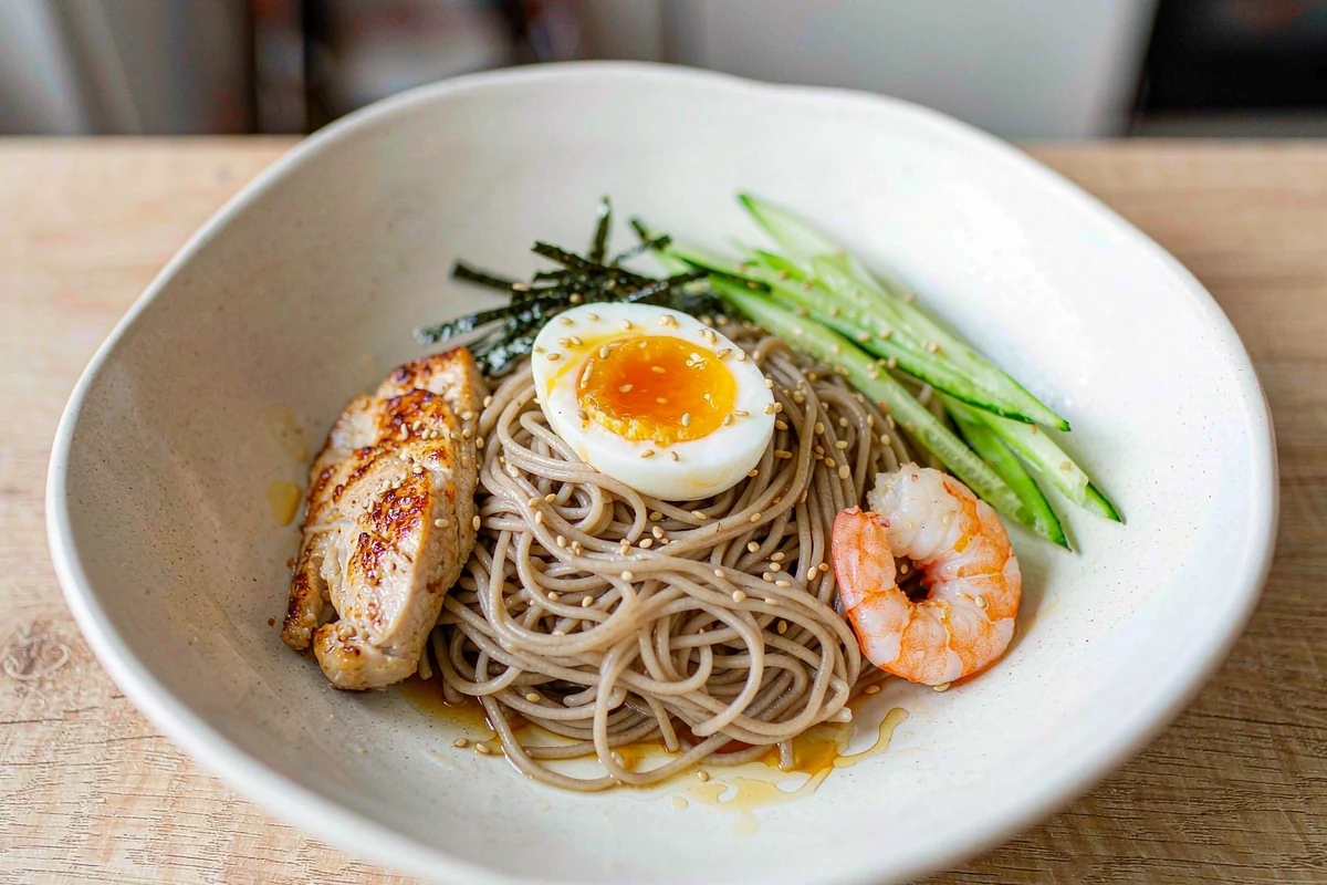 Low-Fat Soba Cold Noodle — Buckwheat Noodles with Chicken, Shrimp & Egg
