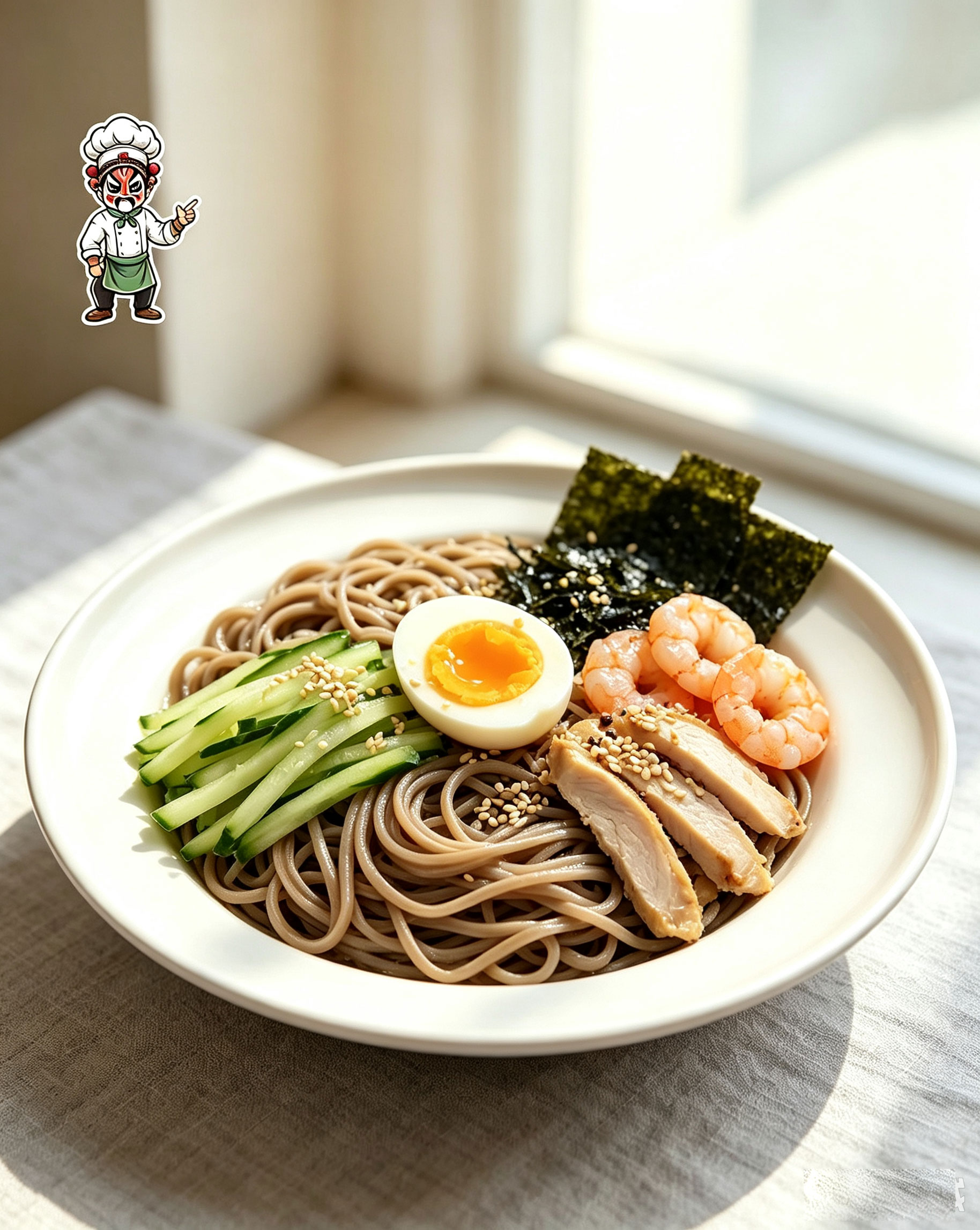 Low-Fat Soba Cold Noodle — Buckwheat Noodles with Chicken, Shrimp & Egg