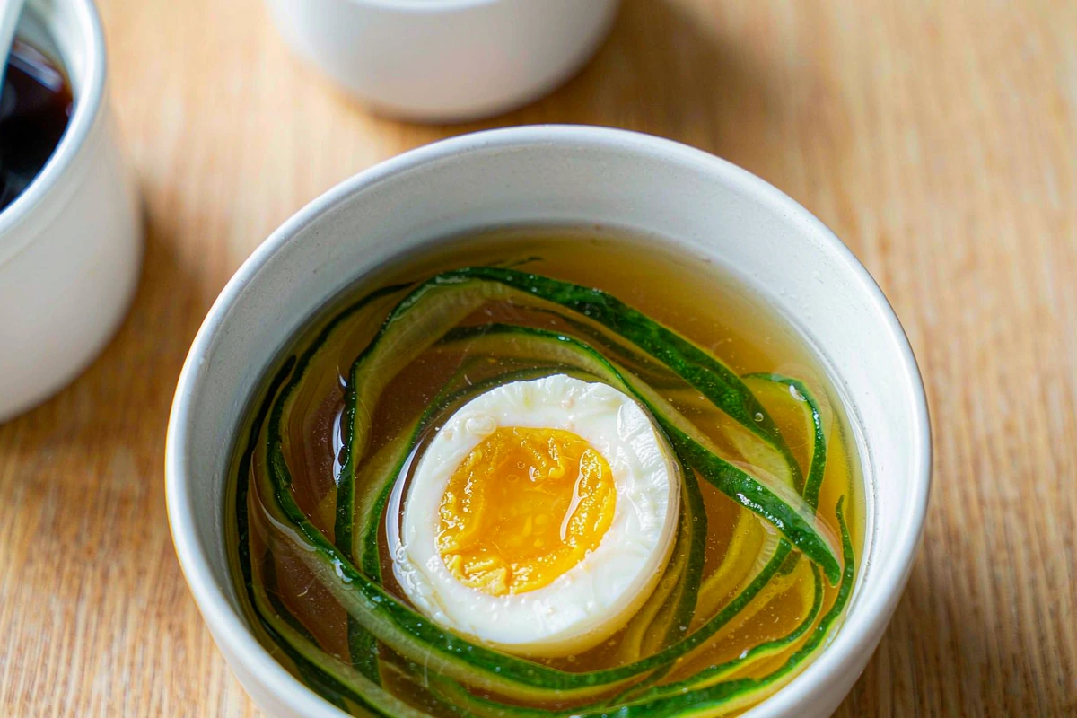 STEP 03 Jammy Egg & Veg - halved jammy egg and cucumber ribbons