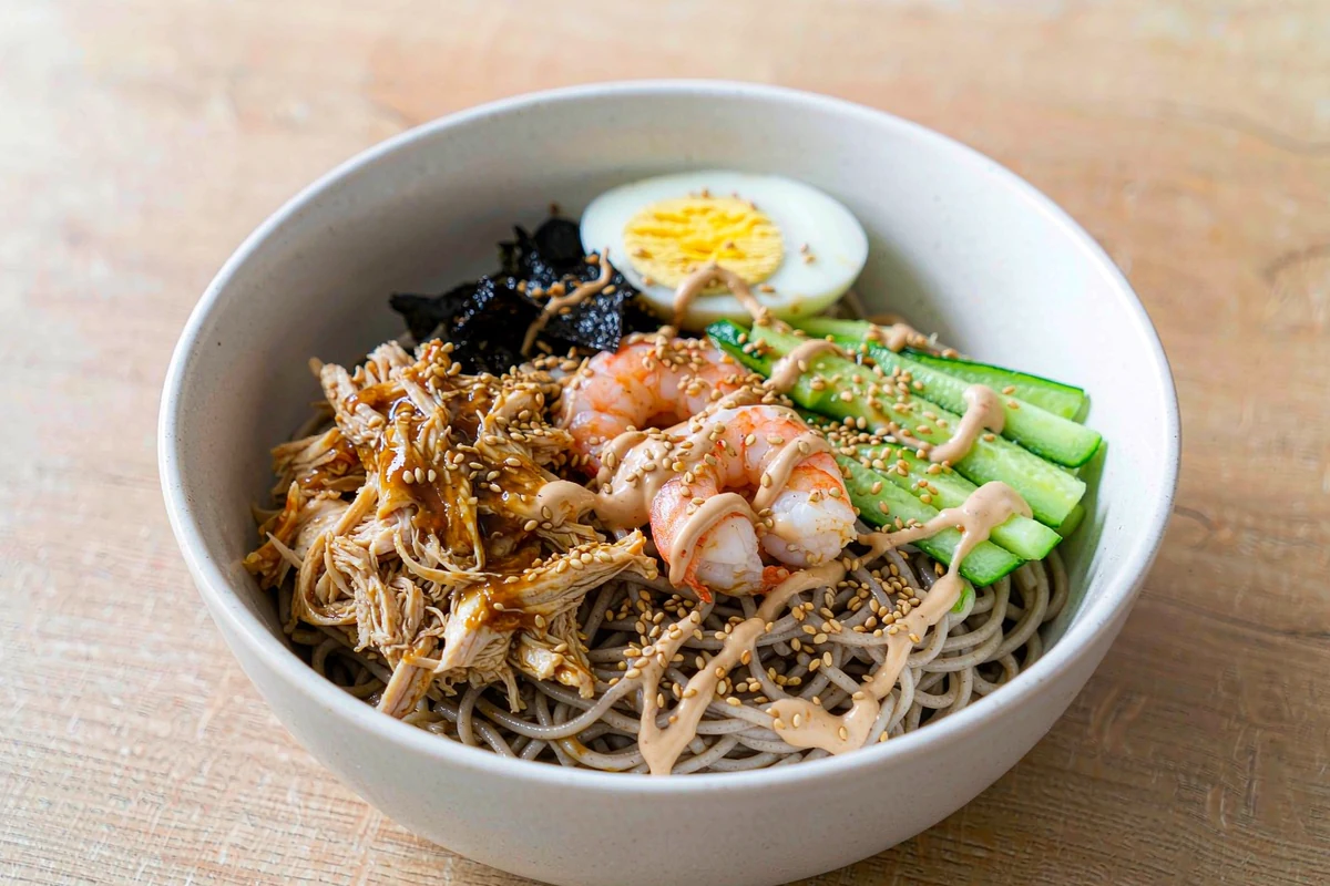 STEP 04 Assemble & Dress - assembled soba bowl with toppings and dressing