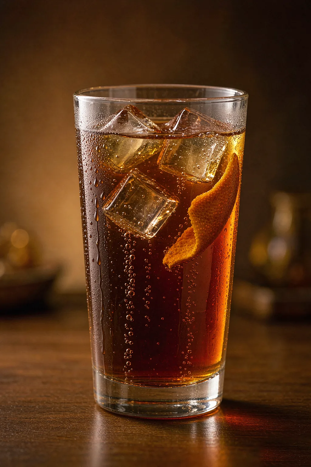 Tangerine Peel Pu-erh Sparkling Tea gallery — amber sparkling tea with chen pi in a glass with fine bubbles