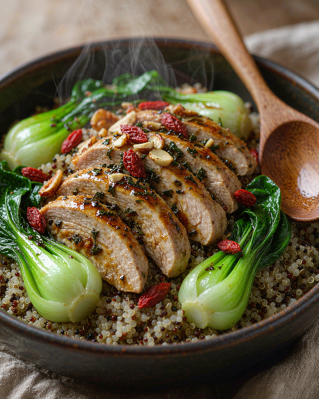Close-up of the New Chinese chicken quinoa bowl — glistening tea-scented chicken, goji berries, steam rising