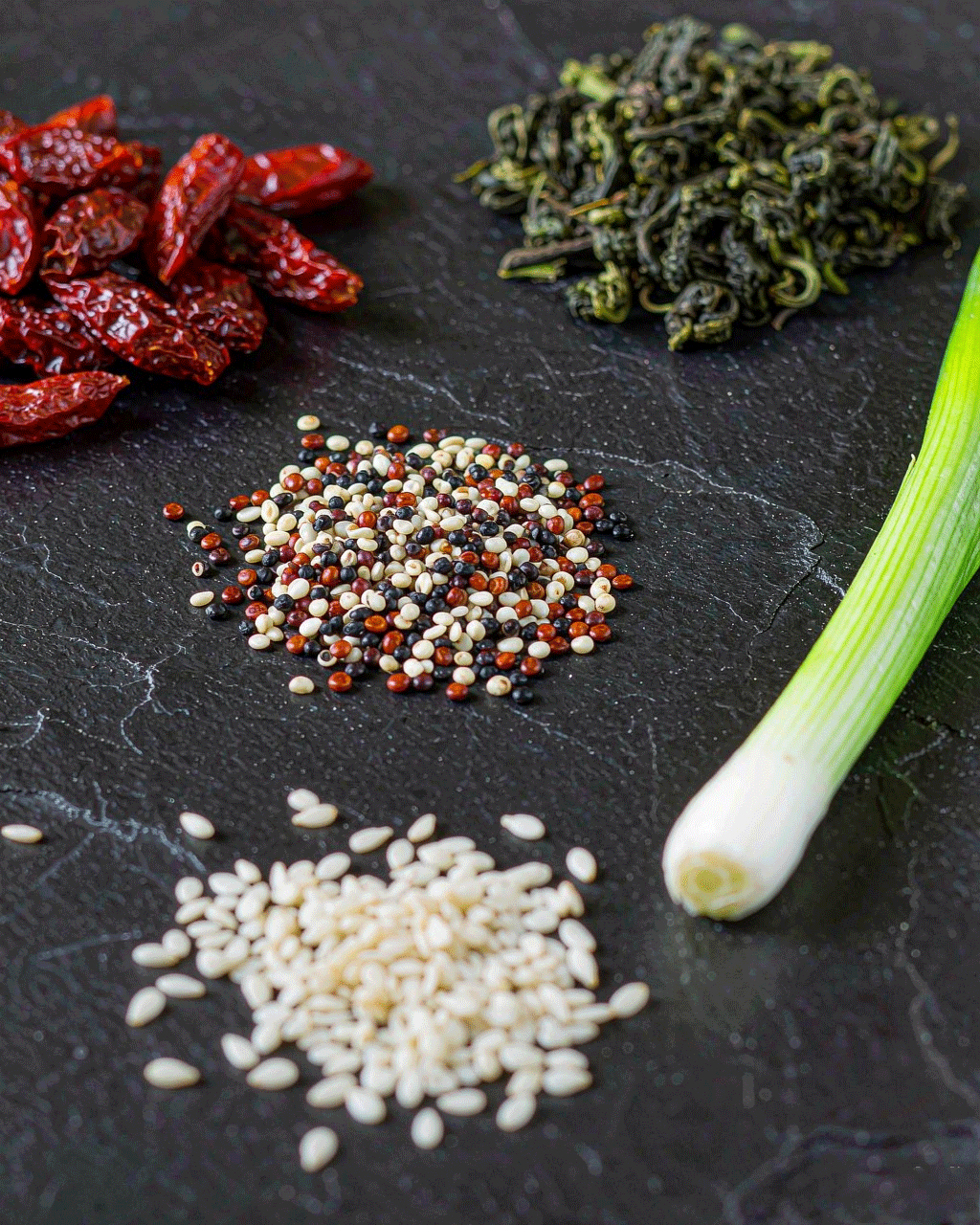 Clean-label ingredients — tri-color quinoa, goji berries, sesame, scallion, green tea leaves