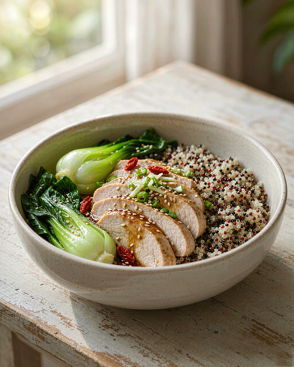 New Chinese Chicken Quinoa Bowl — Tea-Scented Chicken, Tri-Color Quinoa & Goji