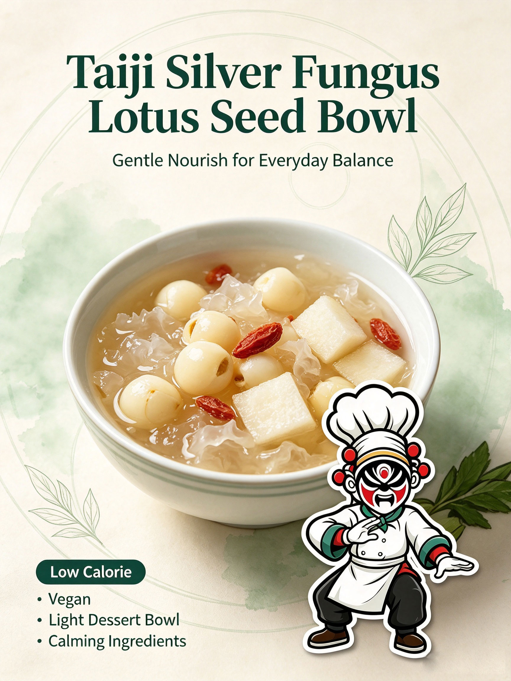 Taiji concept — martial arts chef pose with silver fungus lotus bowl, yin-yang balance theme