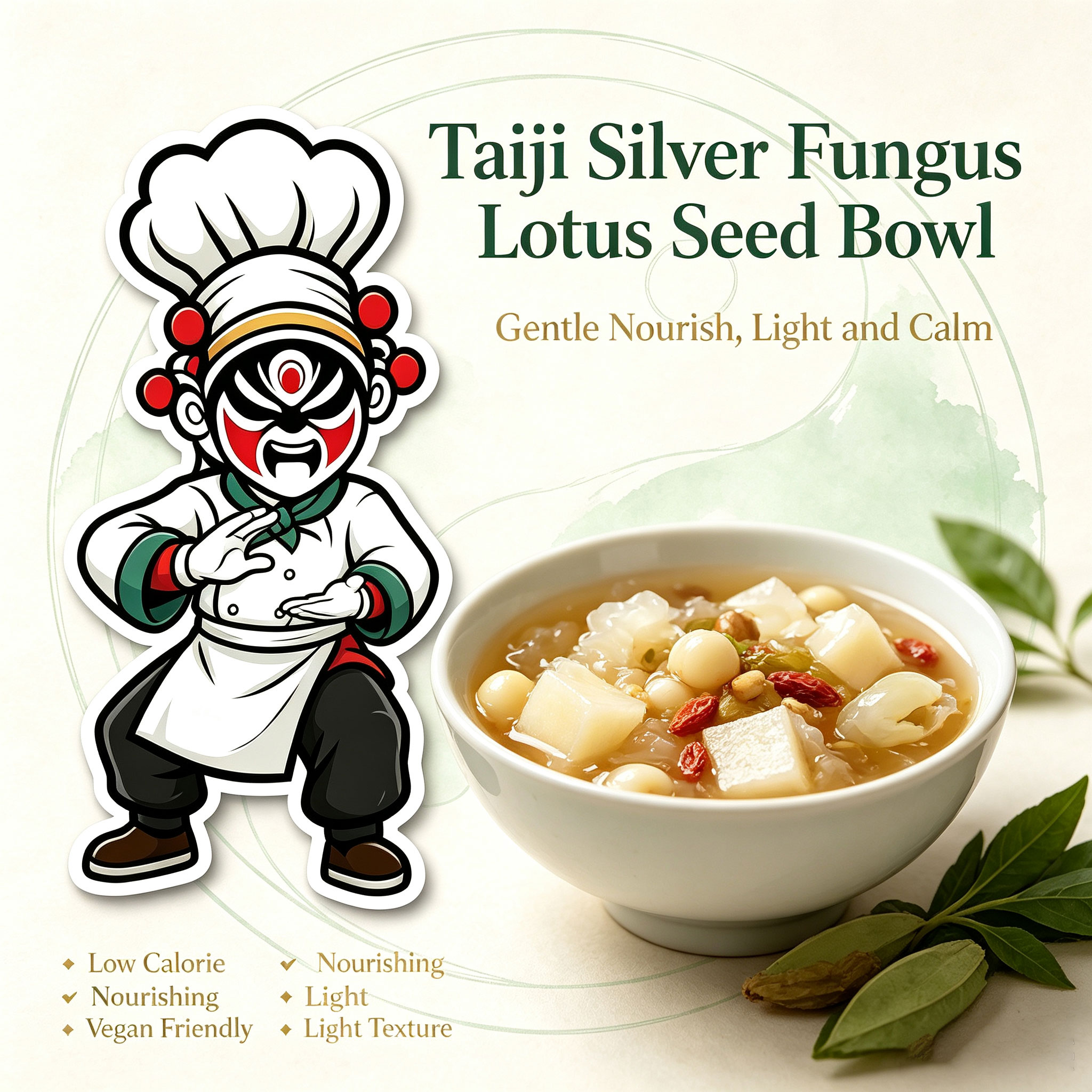 Full ingredient spread — silver fungus, lotus seeds, lily bulb, pear chunks, goji berries, herbal syrup