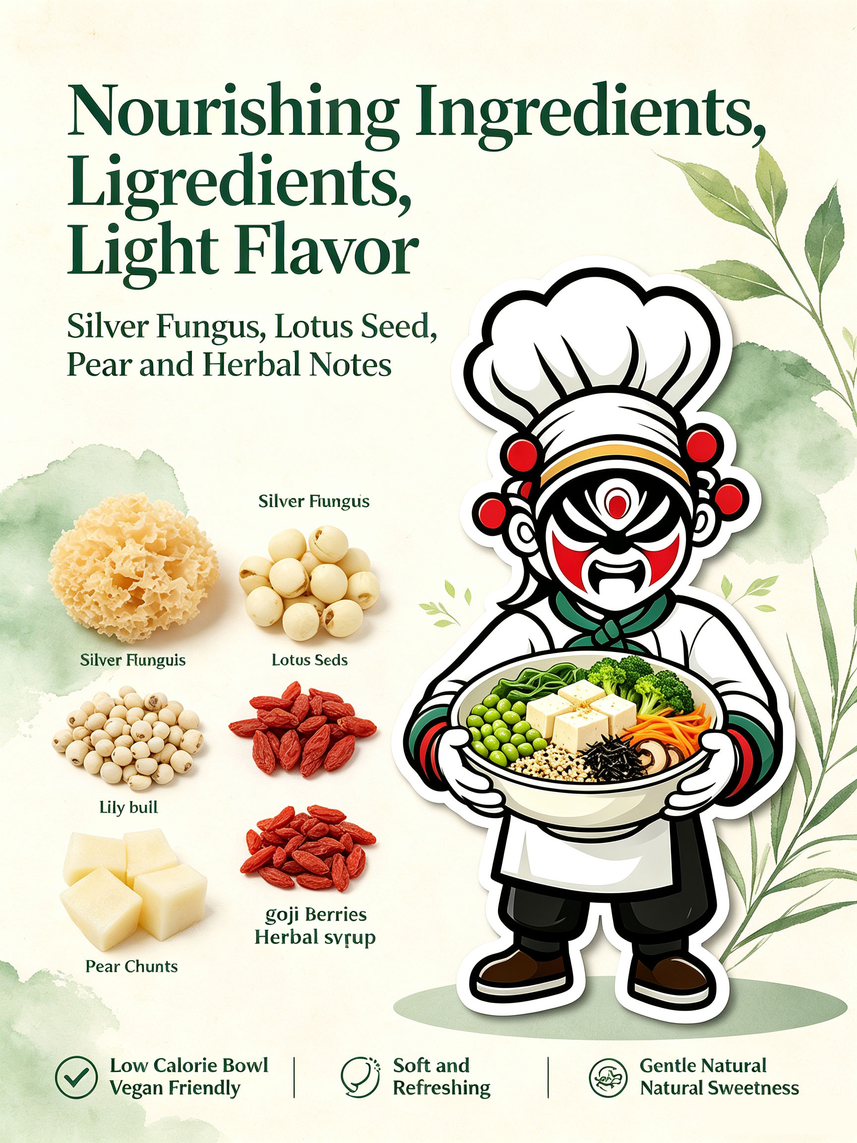 Lifestyle close-up — steaming bowl of silver fungus lotus seed with fresh herbs on watercolor background