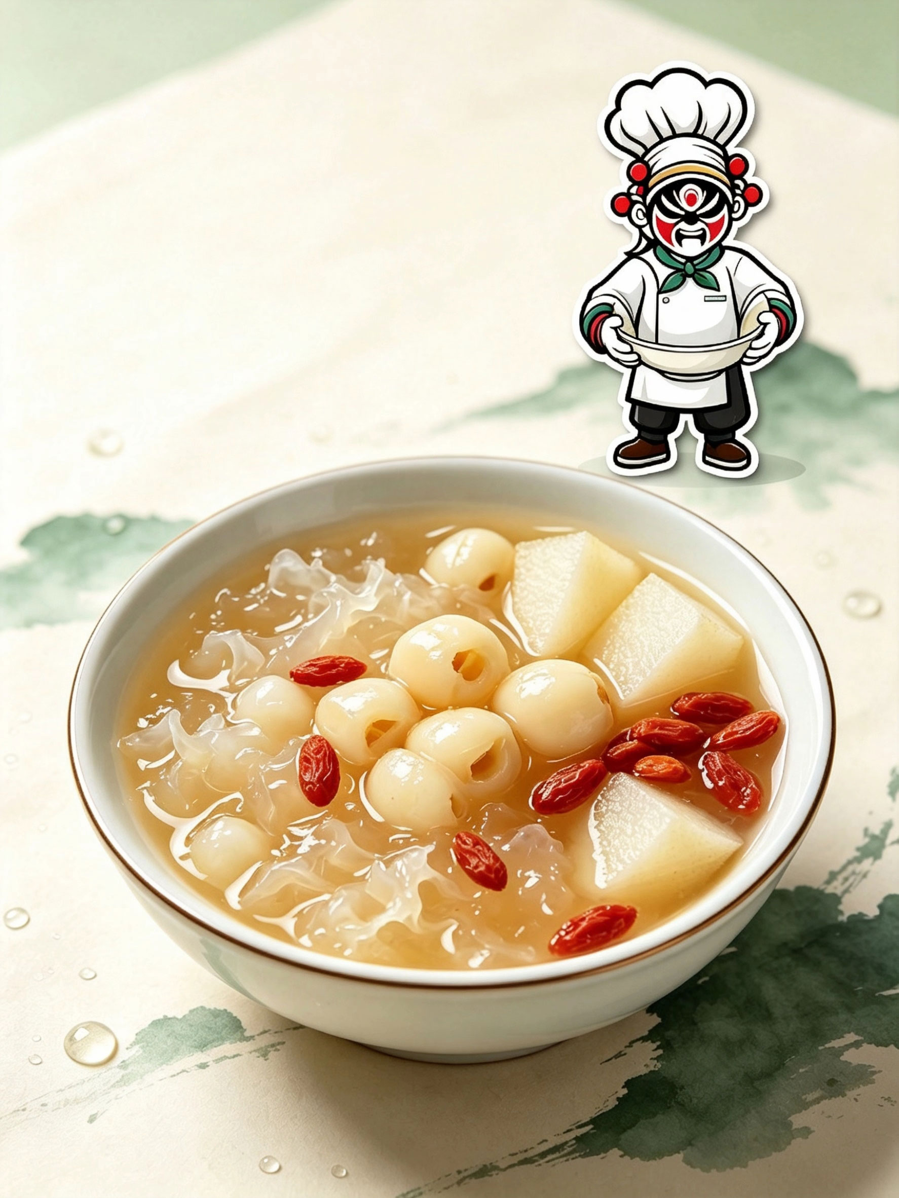 Silver Fungus Lotus Seed Bowl — Tremella, lotus seeds, pear chunks and goji in light herbal syrup