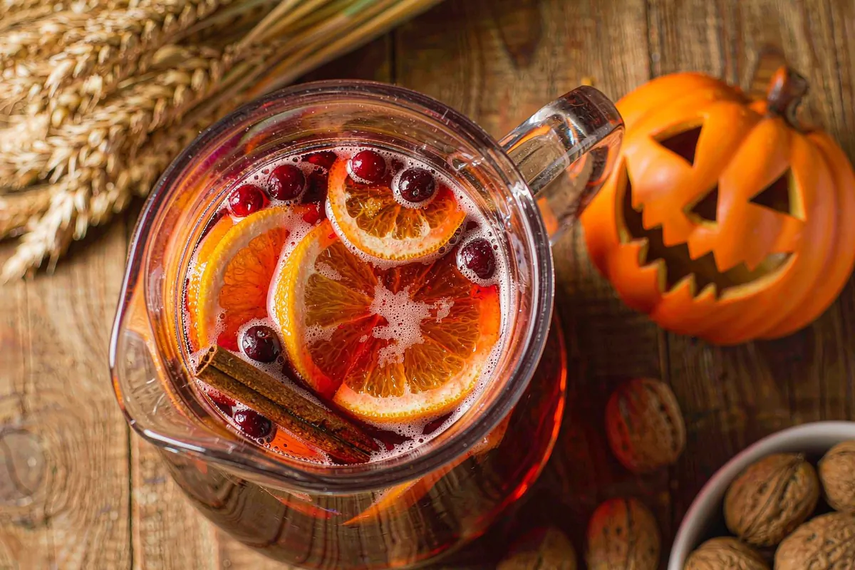 Healthy witches brew punch in a glass pitcher