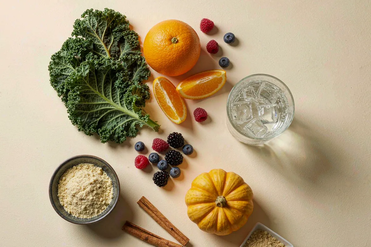 Flat lay of witches brew punch ingredients — kale, orange, mixed berries, sparkling water, erythritol, ginger and cinnamon beside a small pumpkin