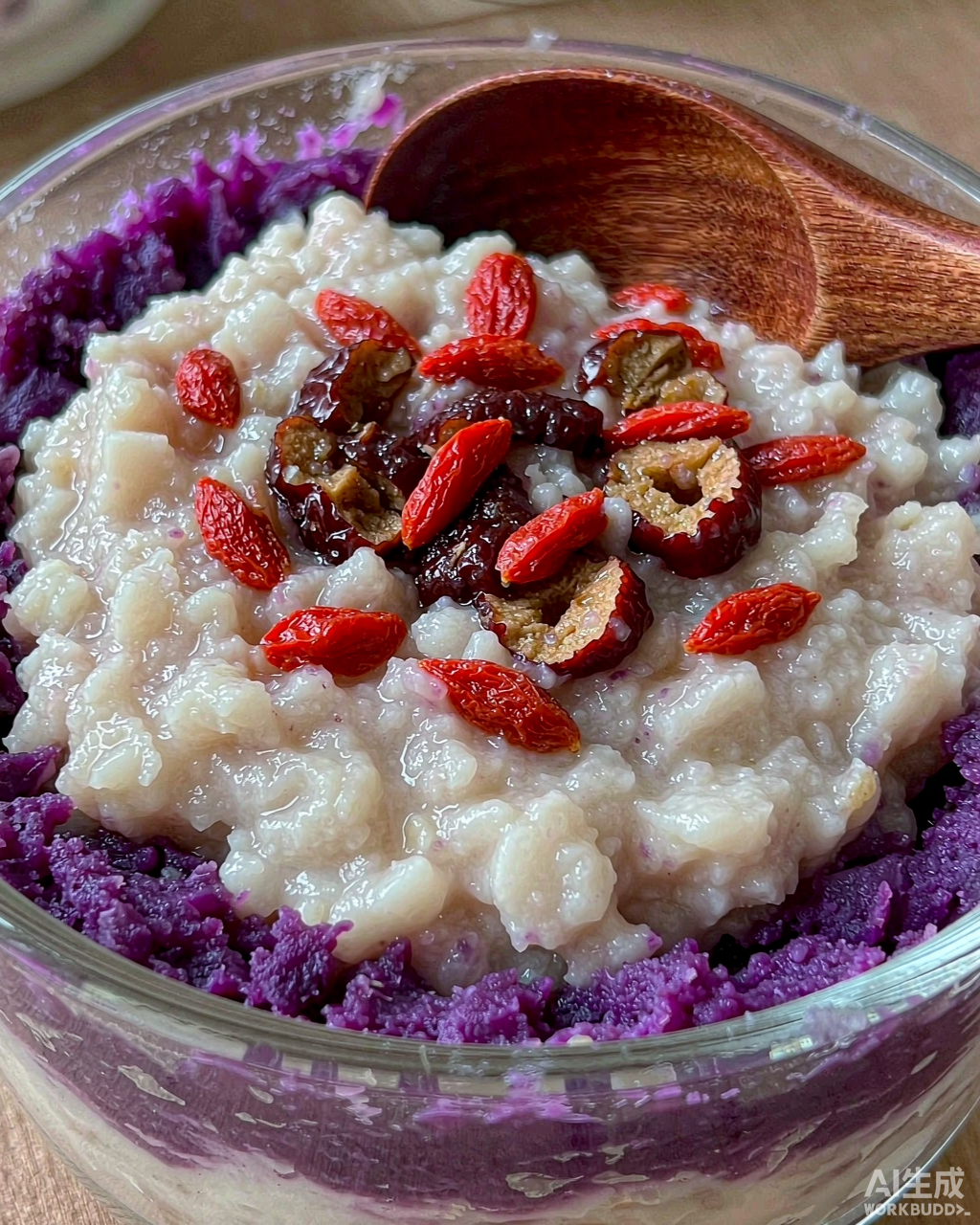 Close-up of the Purple Sweet Potato & Yam Wellness Cup — layered violet and cream, goji berries on top