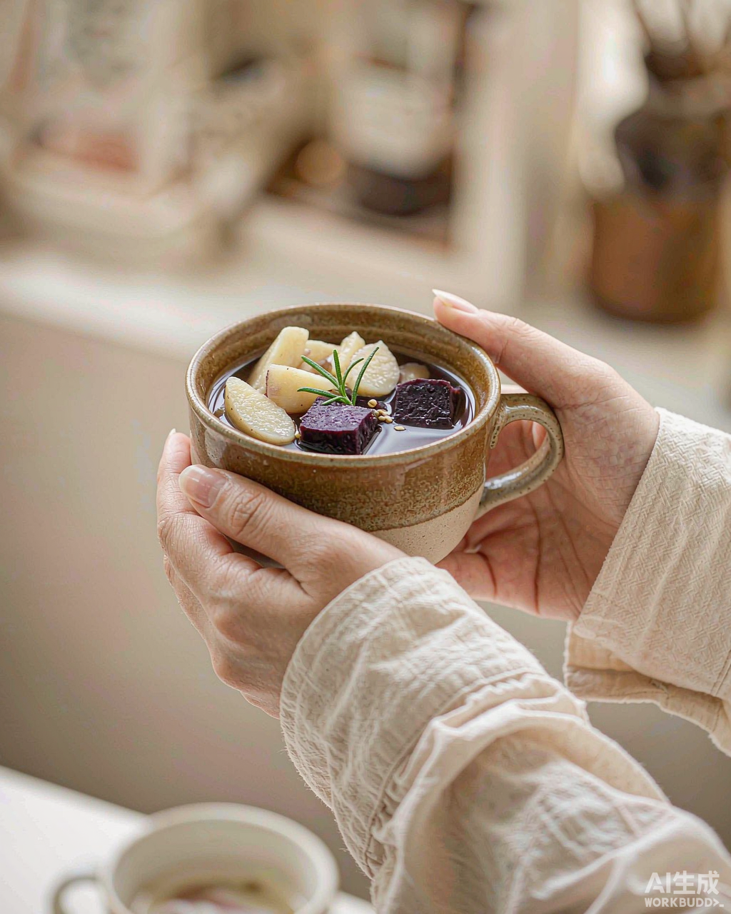 Lifestyle shot — hands holding the wellness cup in a bright cafe