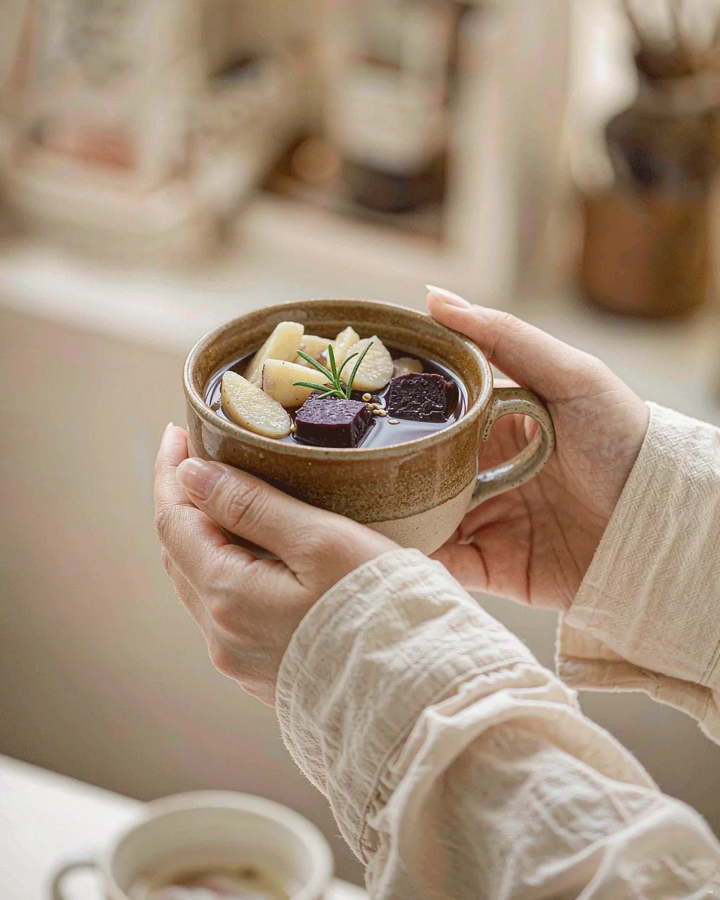 Lifestyle shot — hands holding the wellness cup in a bright cafe