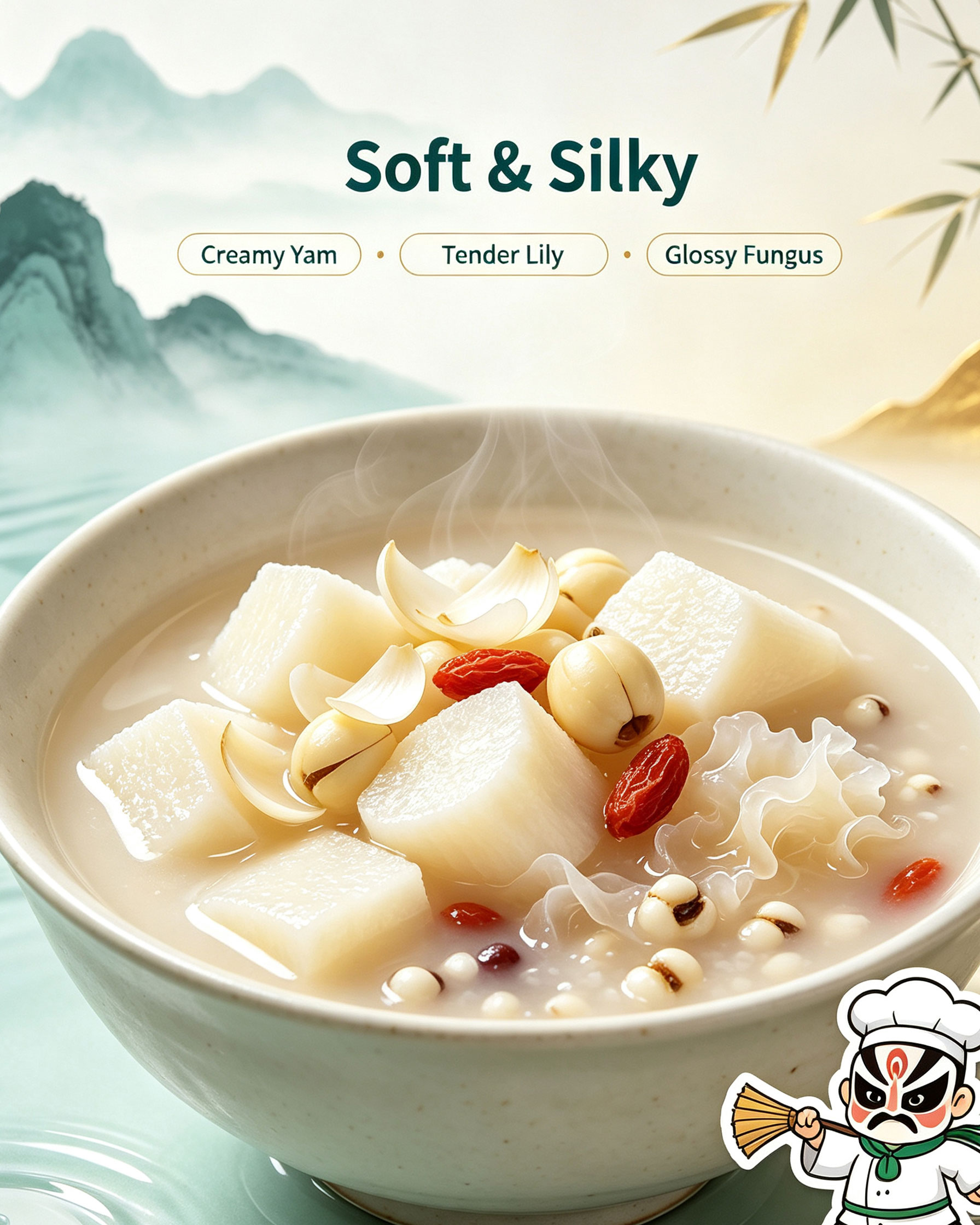 Close-up of soft and silky texture showing creamy yam, tender lily petals and glossy white fungus in clear broth