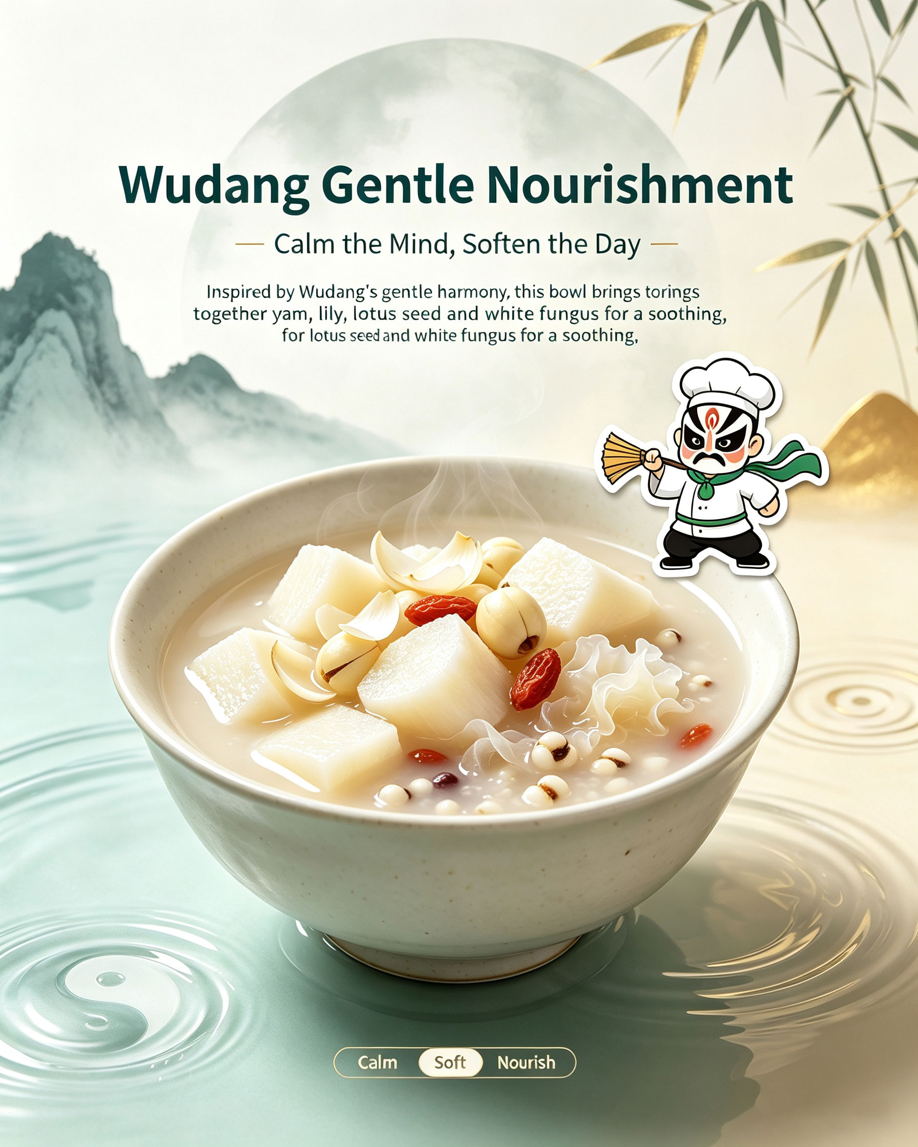 Wudang Gentle Nourishment concept — calm the mind, soften the day, with calm soft nourish tags and moon backdrop