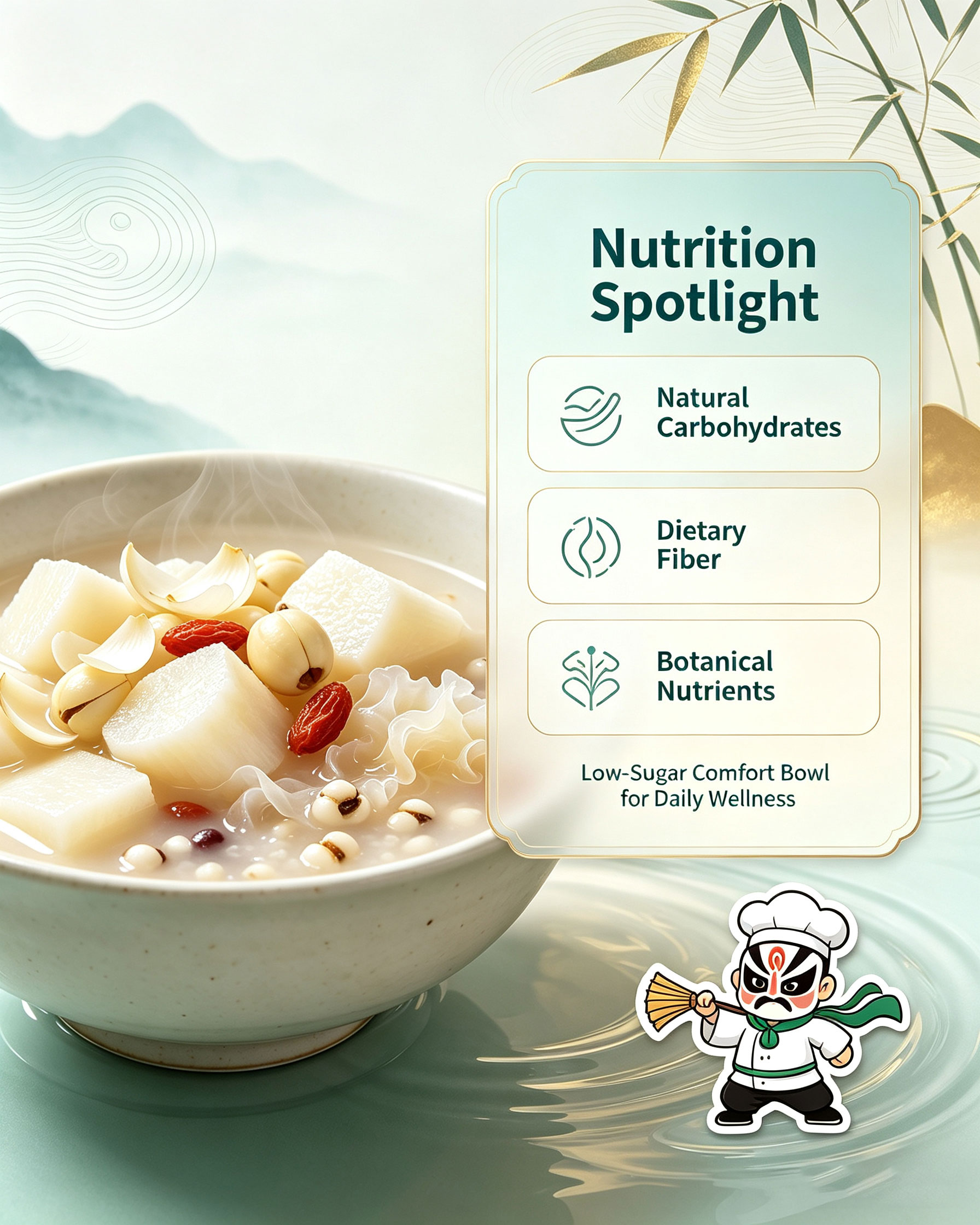 Nutrition spotlight panel showing natural carbohydrates, dietary fiber and botanical nutrients — low-sugar comfort bowl for daily wellness