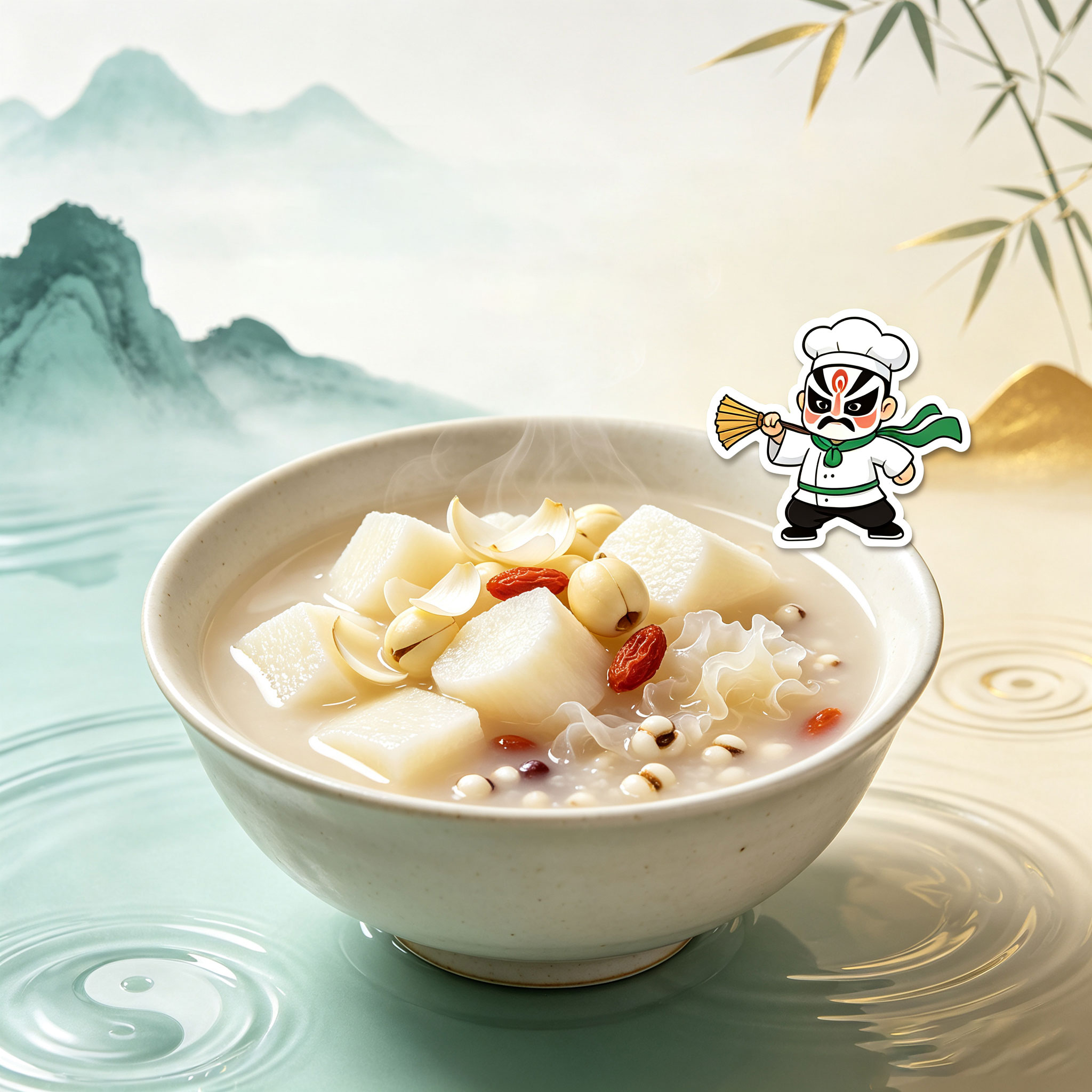 Kung Fu Wudang Yam Lily Lotus Seed Soup — TCM Yin-Nourishing Qi-Tonifying Gentle Wellness Dessert Bowl with Chinese Yam Lily Bulb Lotus Seed White Fungus in Silky Broth