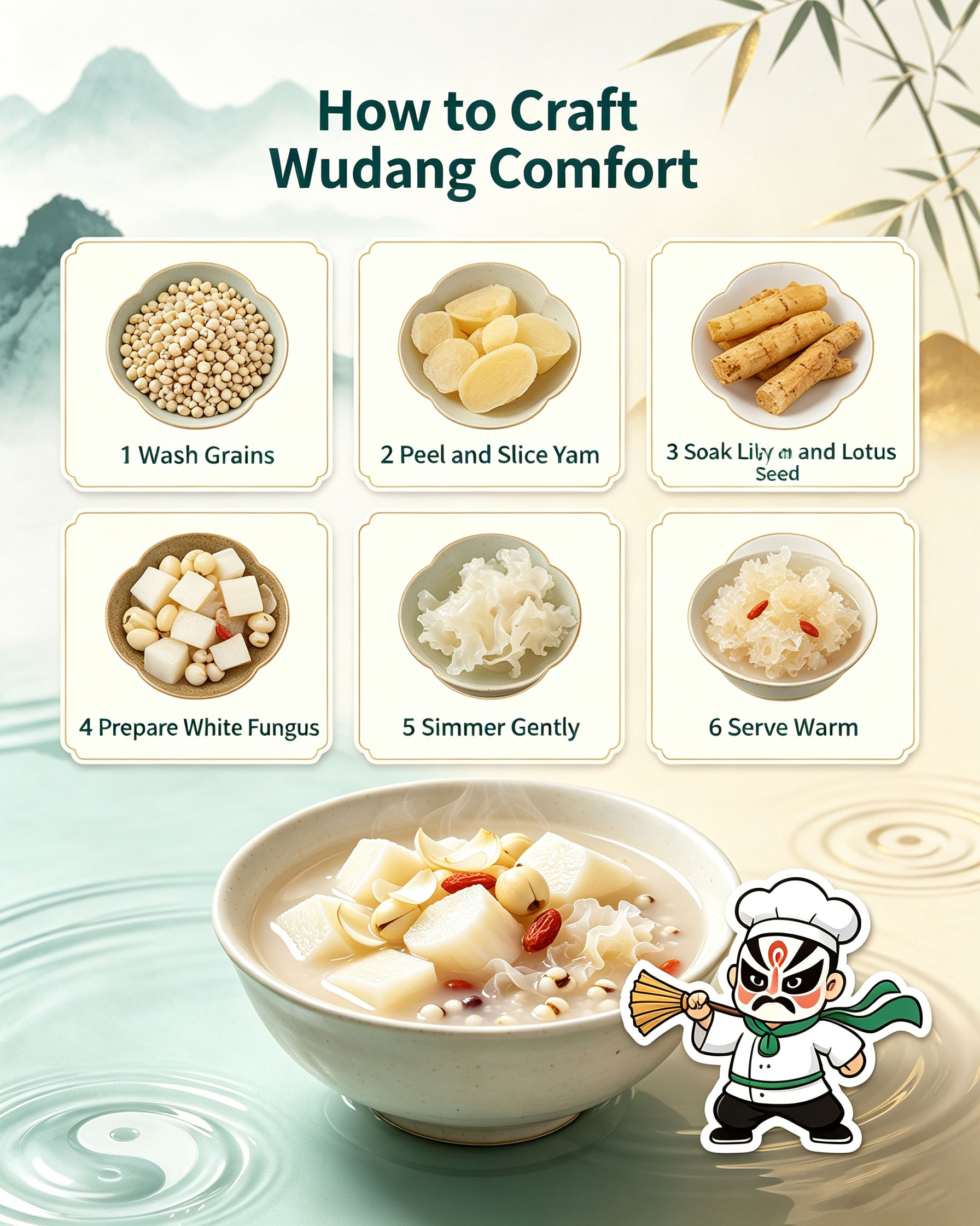 Six-step guide to crafting Wudang Yam Lily Lotus Seed Soup: wash grains, peel yam, soak lily and lotus, prepare white fungus, simmer gently, serve warm