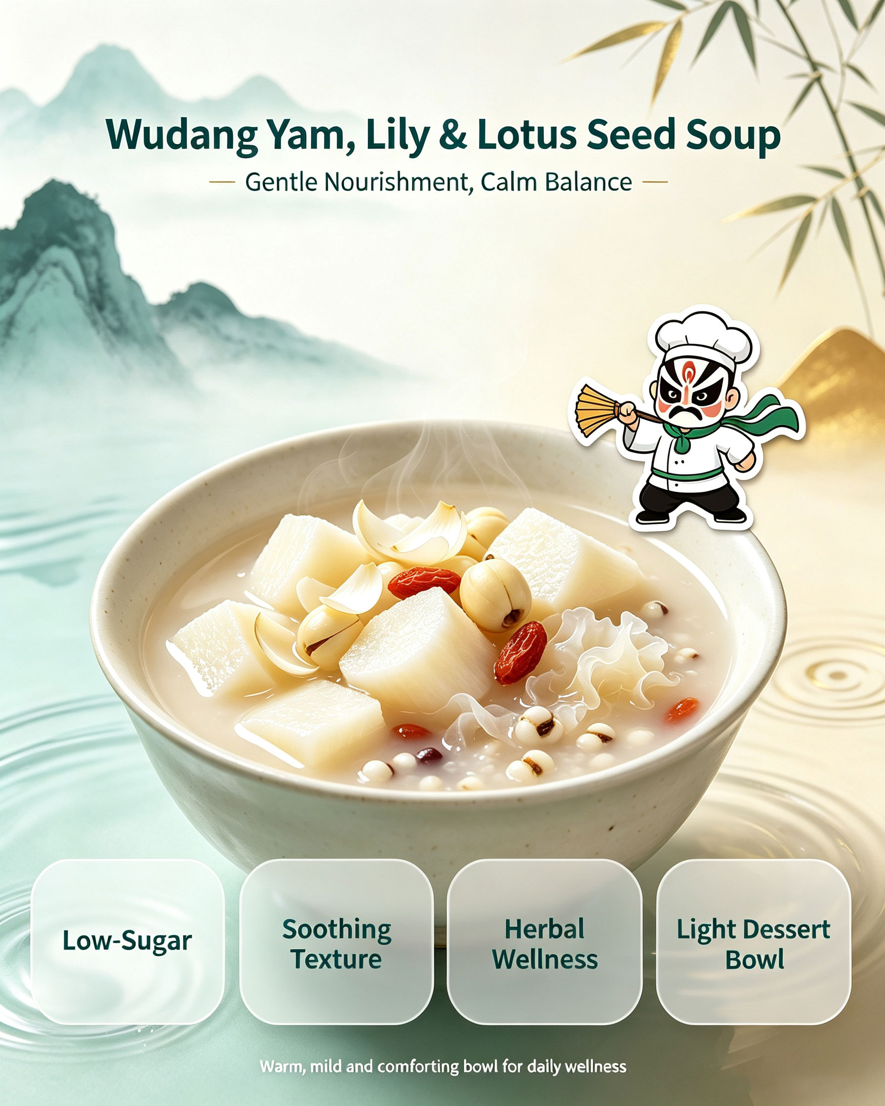 Wudang Yam Lily Lotus Seed Soup title card showing Low-Sugar Soothing Texture Herbal Wellness Light Dessert Bowl