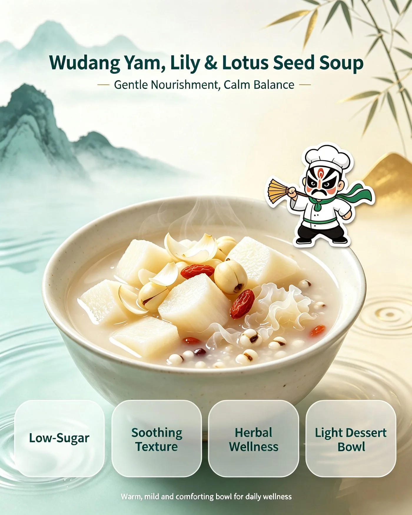 Wudang Yam Lily Lotus Seed Soup title card showing Low-Sugar Soothing Texture Herbal Wellness Light Dessert Bowl
