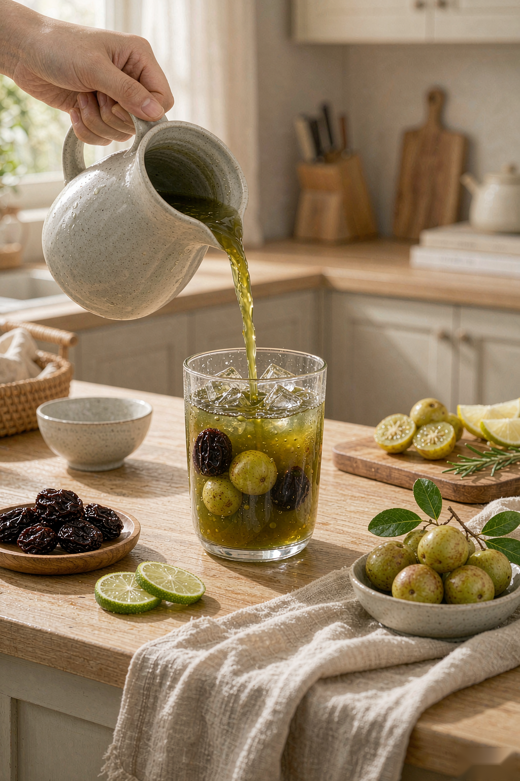 Making Yougan Prune Detox Drink — pouring from ceramic pitcher into a glass with prunes and ice