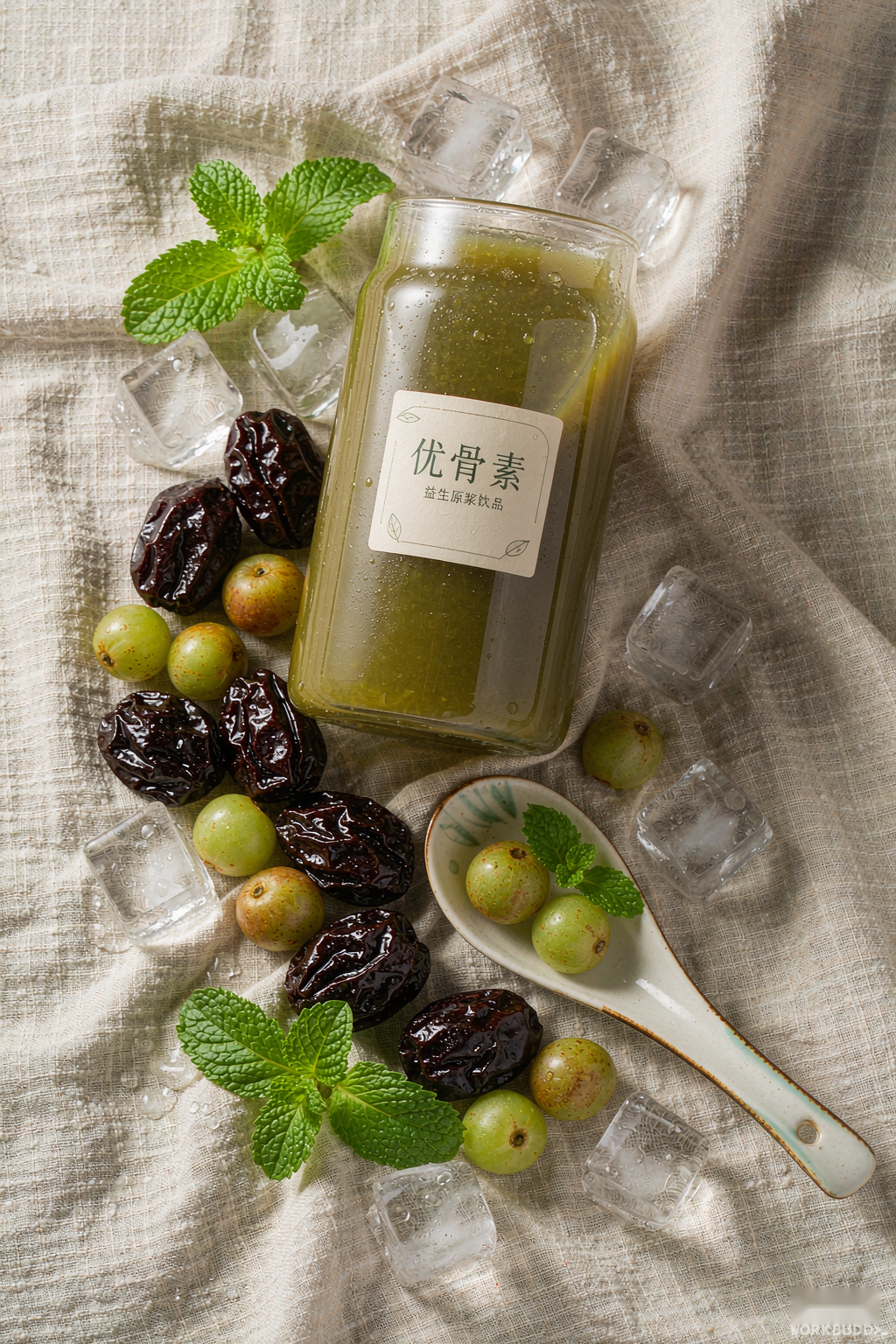 Yougan Prune Detox Drink flat lay with prunes, emblic myrobalan fruits and mint