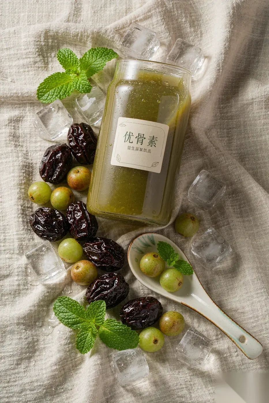 Yougan Prune refresh Drink flat lay with prunes, emblic myrobalan fruits and mint