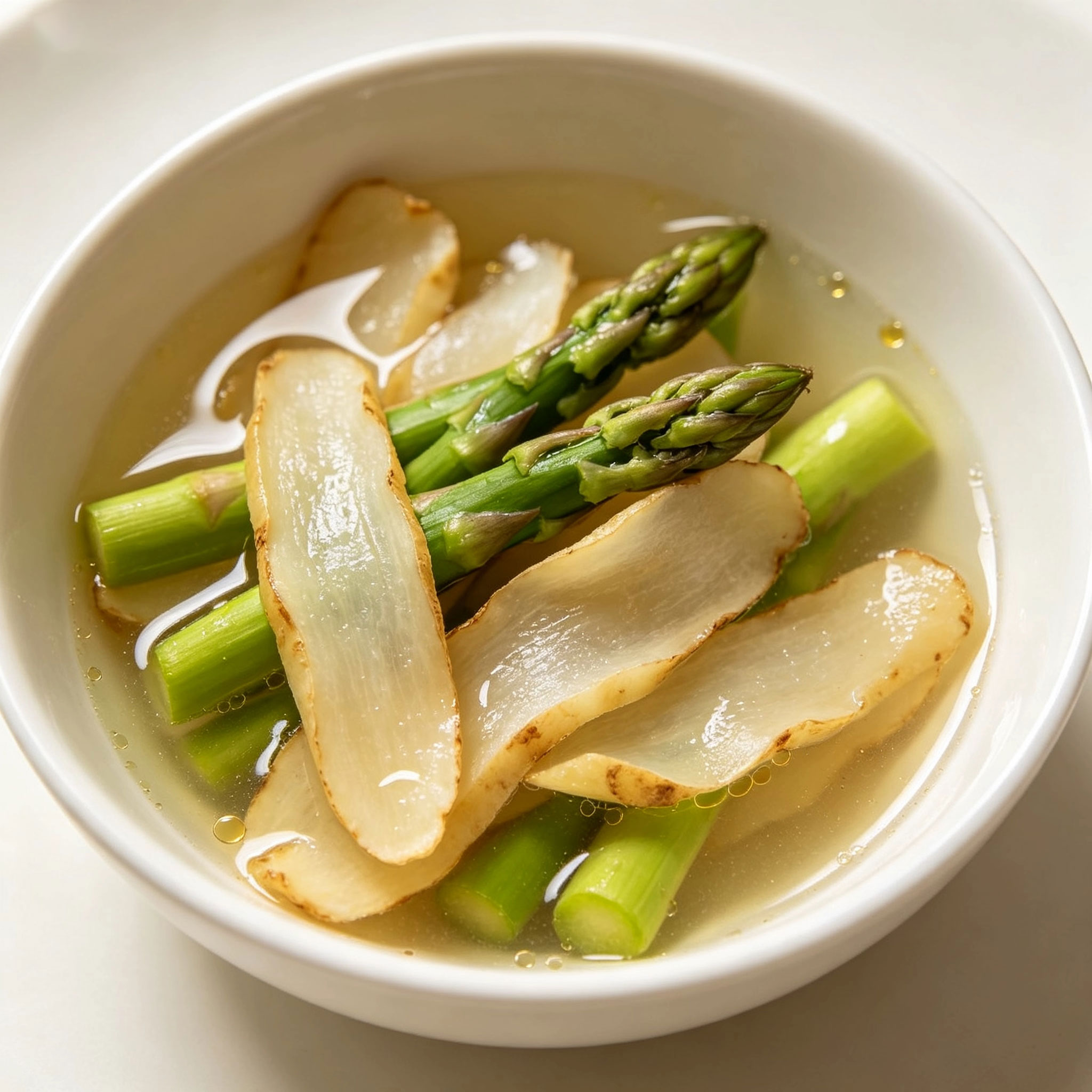 Close-up of yuzhu asparagus bowl — tender asparagus spears with translucent yuzhu slices in clear broth