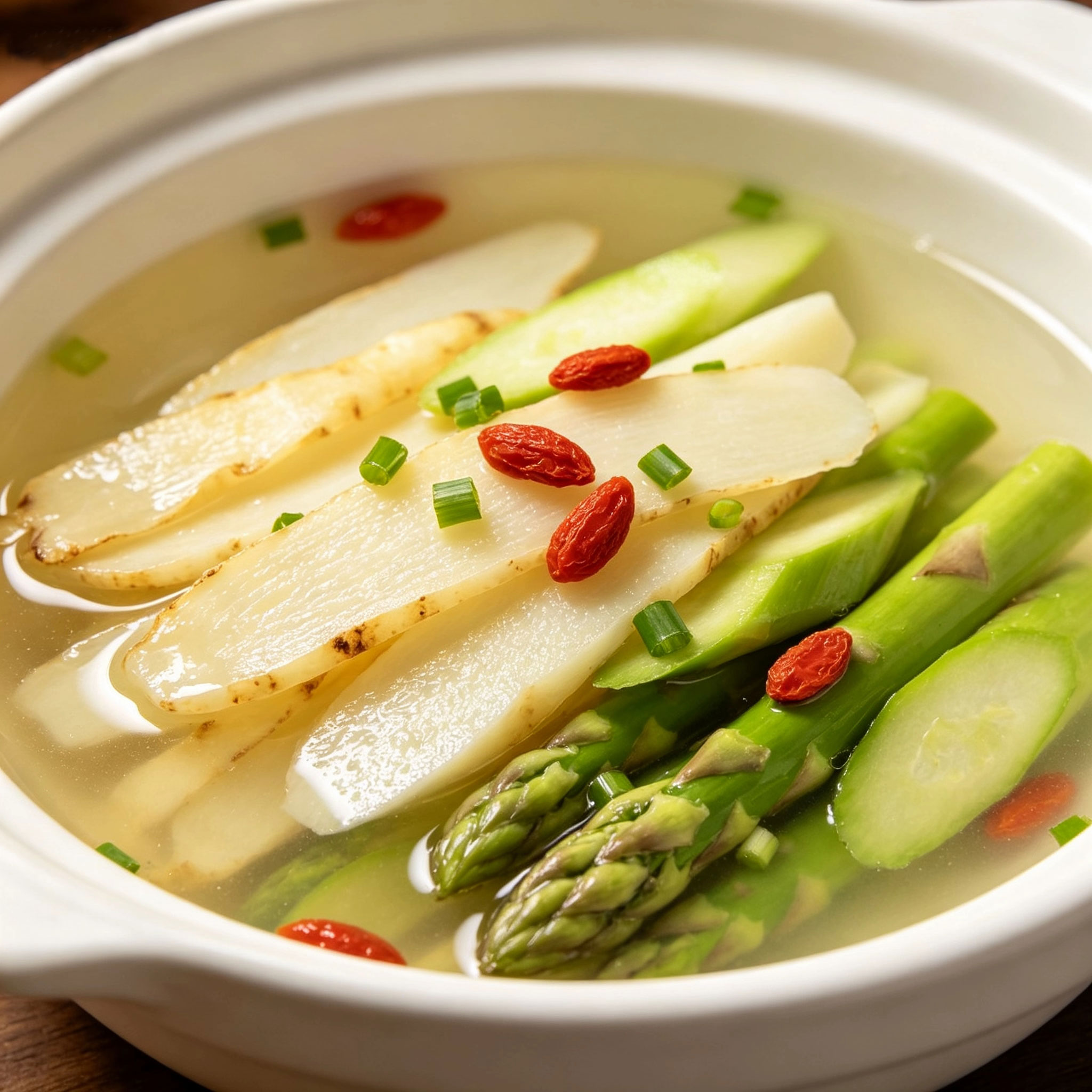Clay pot serving of yuzhu asparagus fresh bowl — garnished with goji berries and green onion