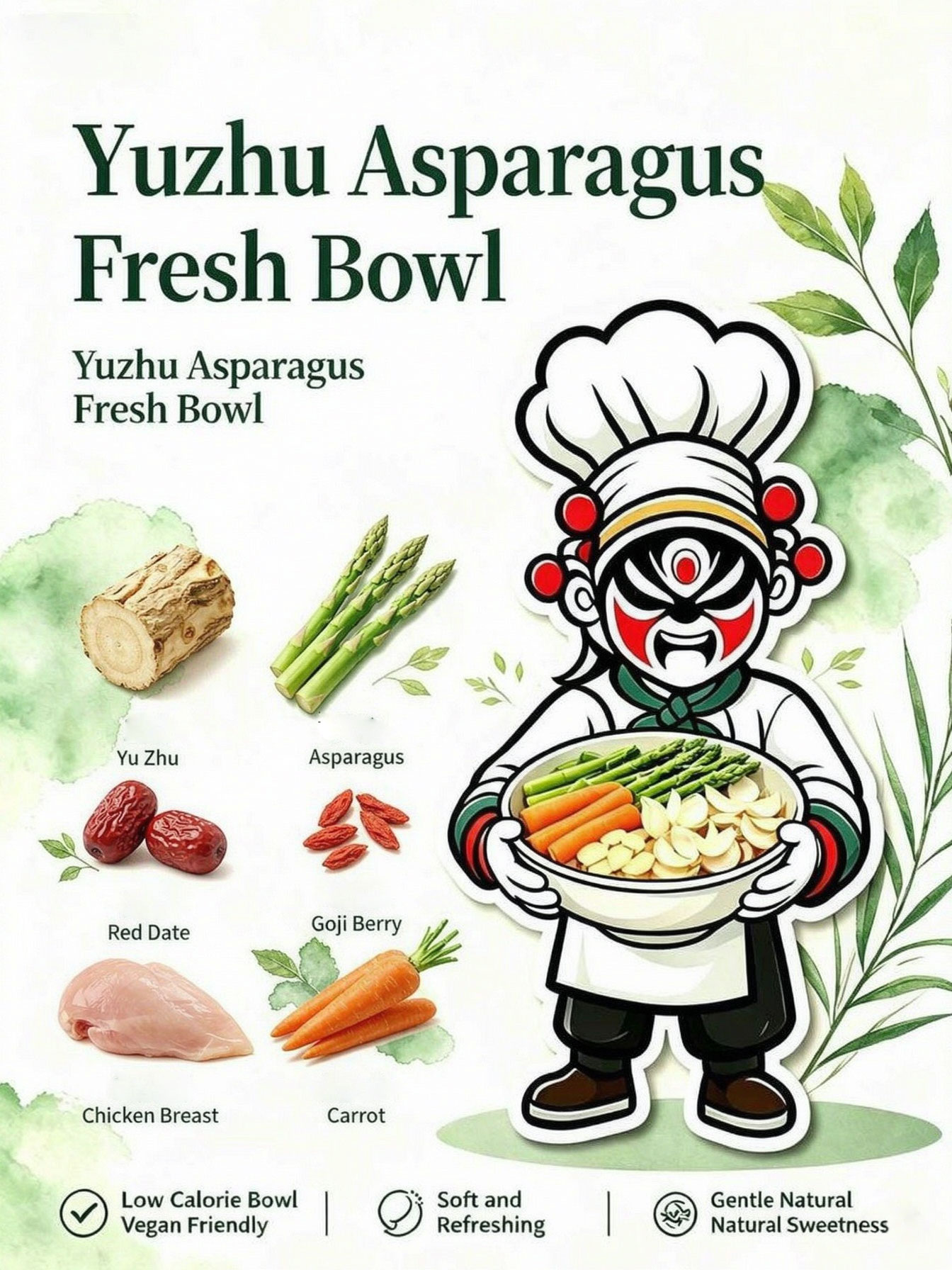 Yuzhu Asparagus Fresh Bowl preparation steps — ingredients layout showing yuzhu root, asparagus, goji berry, red date, chicken breast, carrot