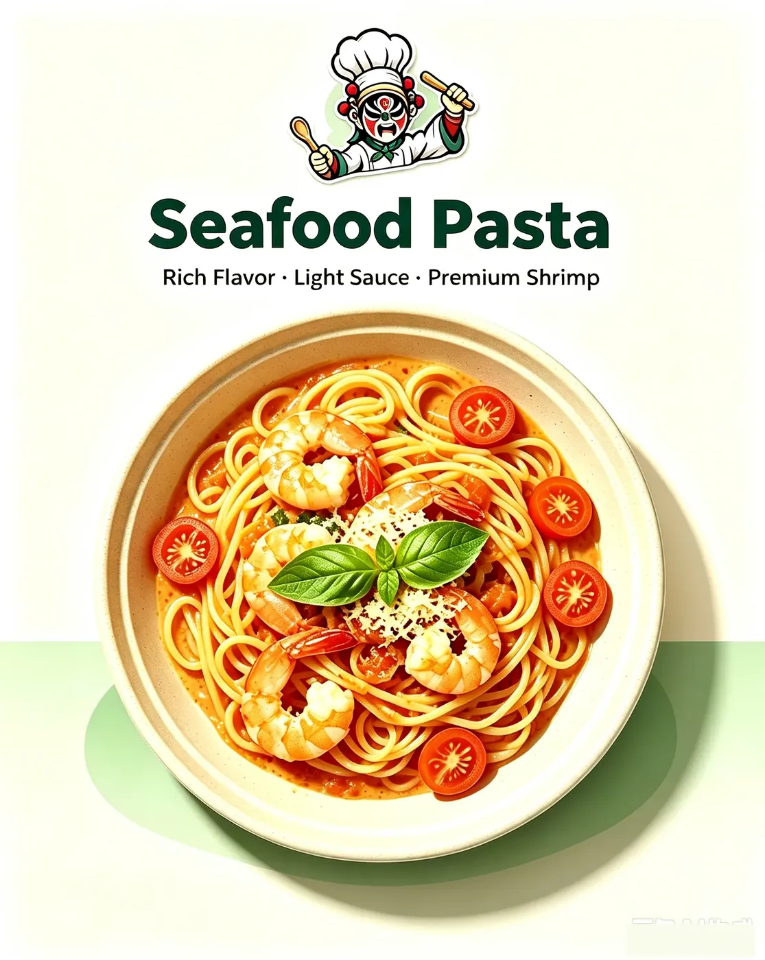 Seafood pasta — a light Chinese-style meal with lean seafood and tomato